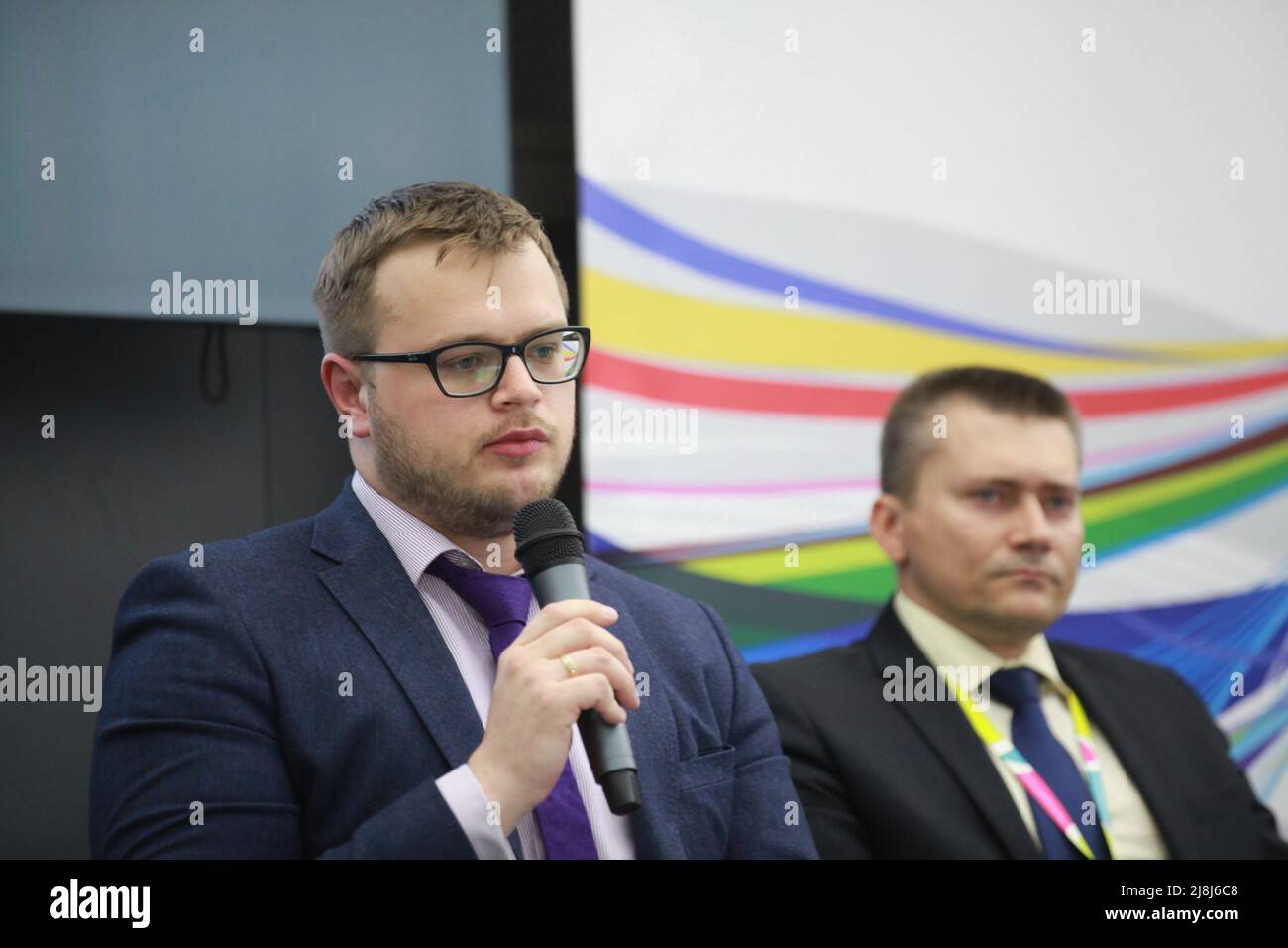 Sergiy Fedorenko, deputy head of UkrGazDobycha (UkrGazVydobuvannya in Ukrainian) speaks at LPG conference in Kiev Ramada hotel organized by ULPGA Stock Photo