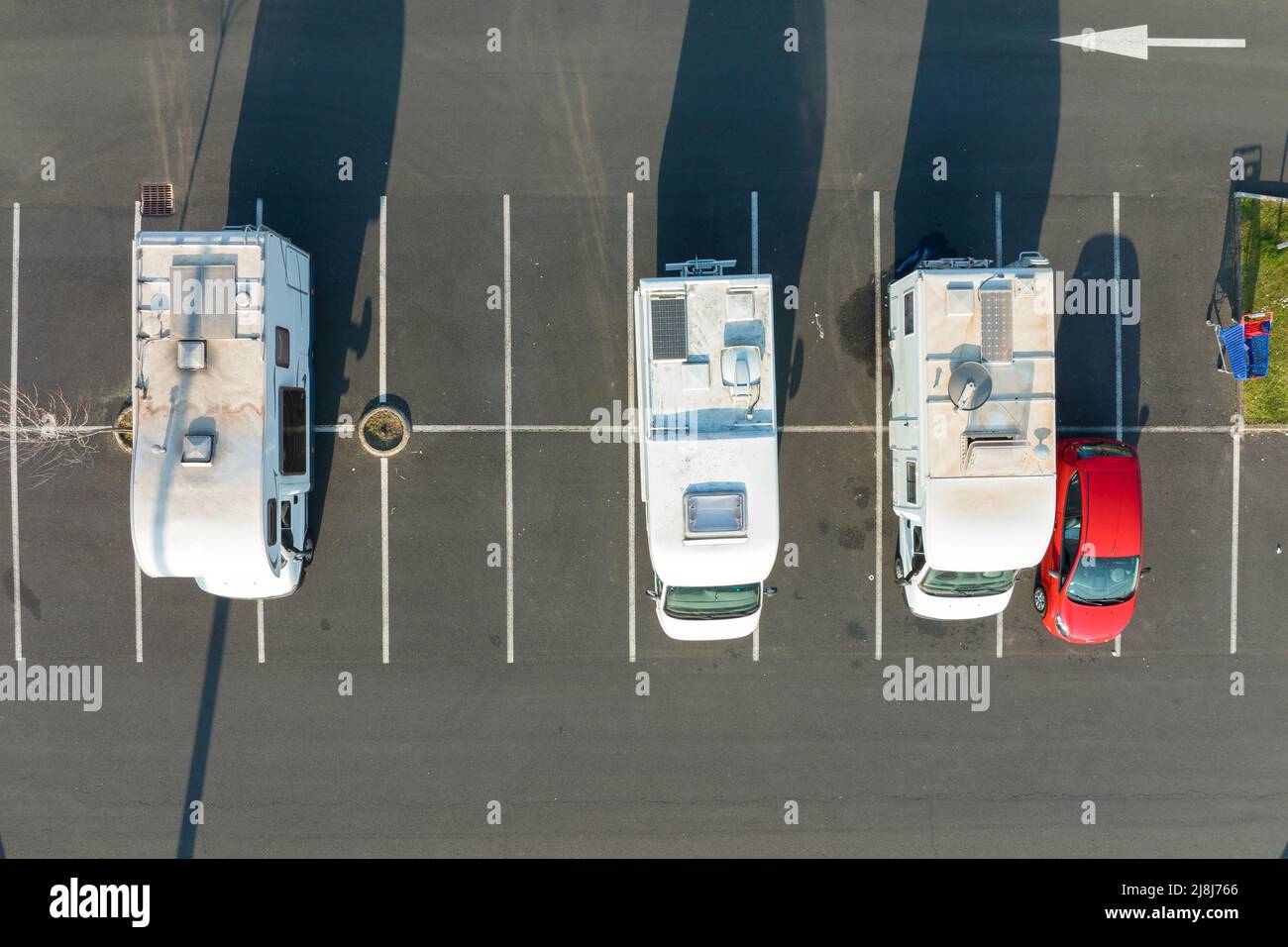 Aerial view of camper vans parked on parking lot Stock Photo Alamy