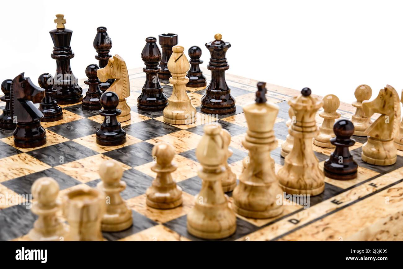 brown chess board with figures on a wooden table in a cafe, playing chess  Stock Photo - Alamy