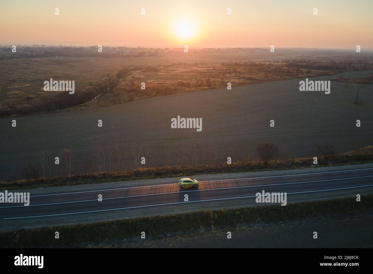 Aerial view of intercity road with blurred fast driving environment