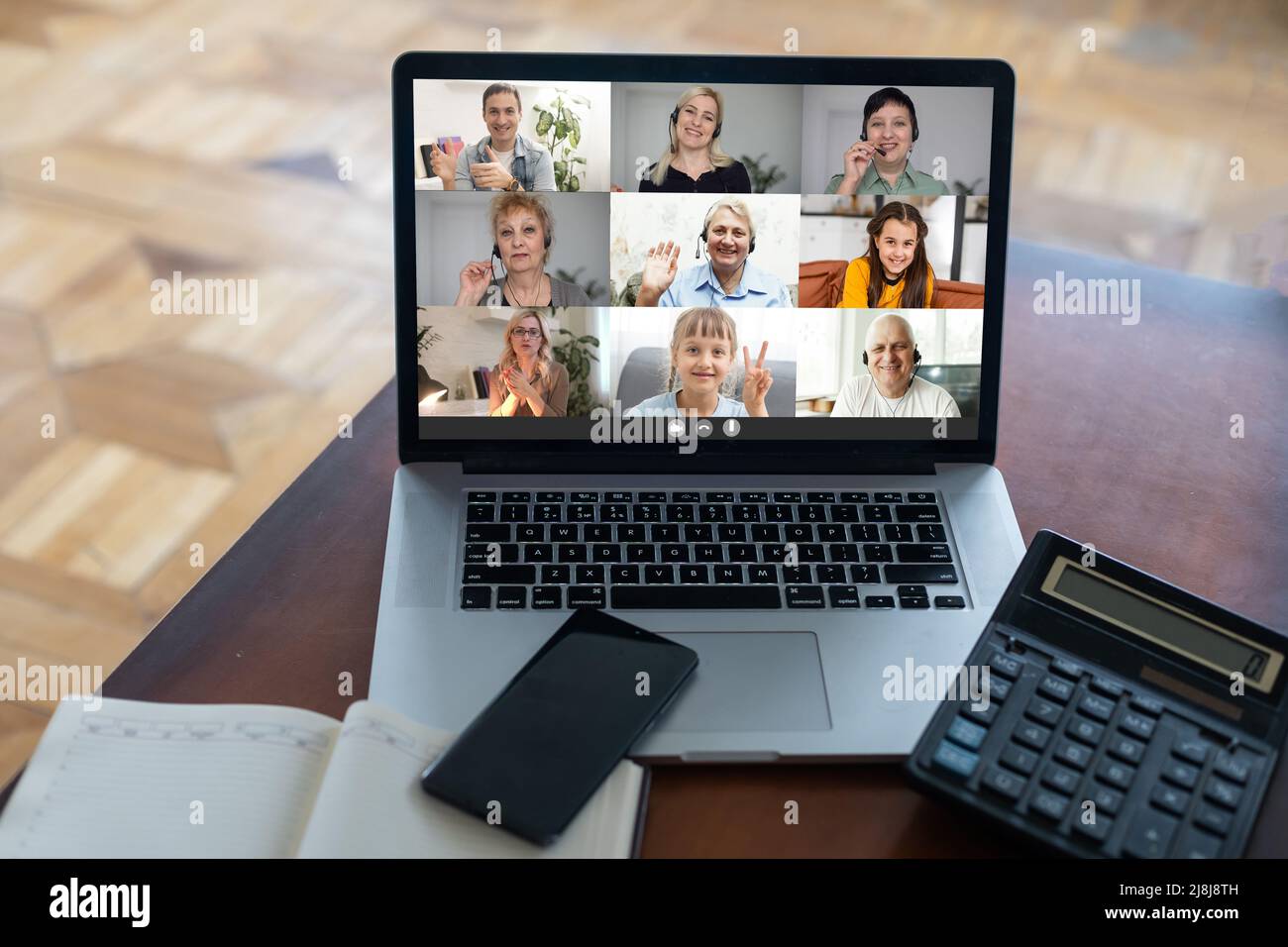 Laptop screen webcam view different ethnicity and age people engaged in