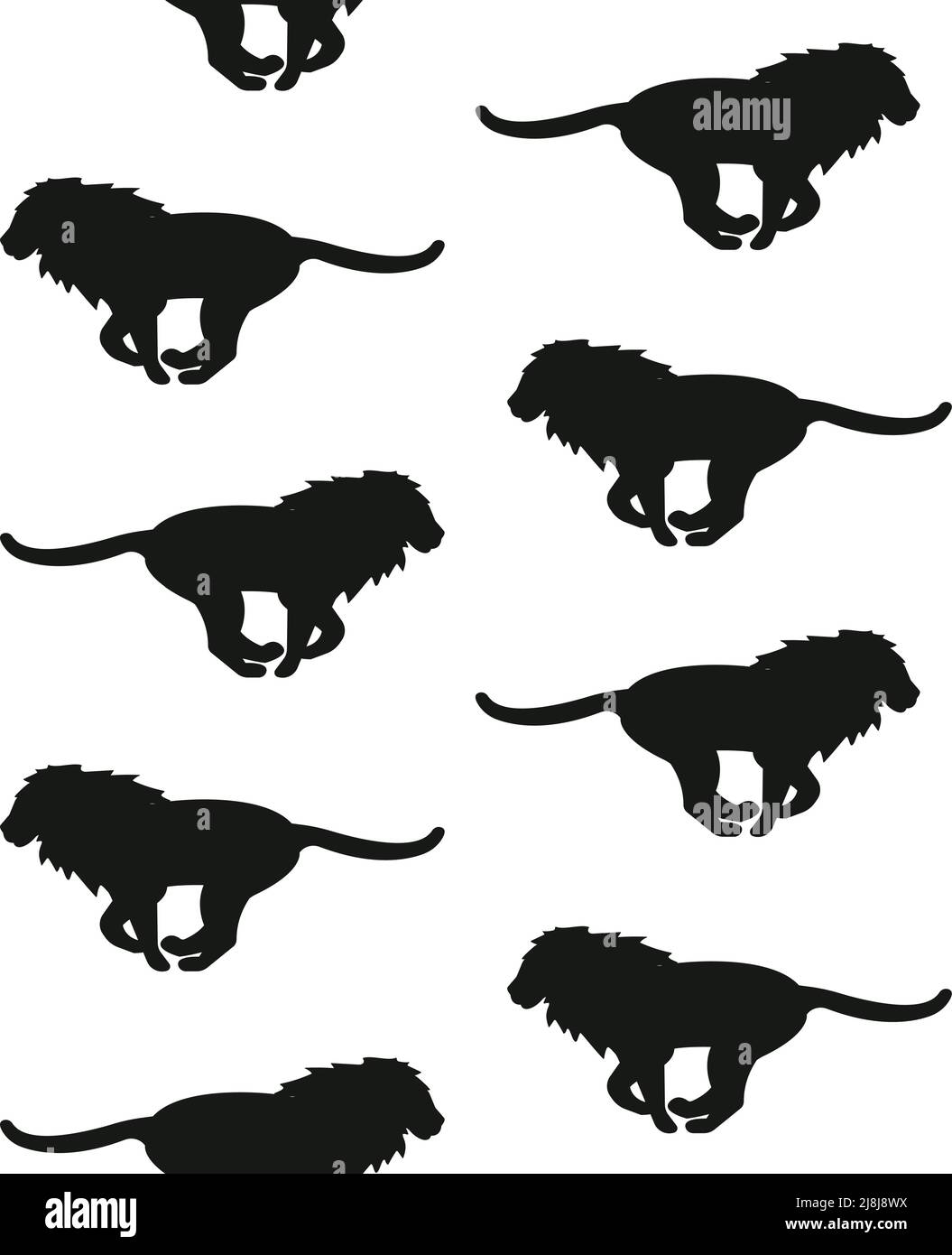 Vector seamless pattern of running lion silhouette isolated on white ...