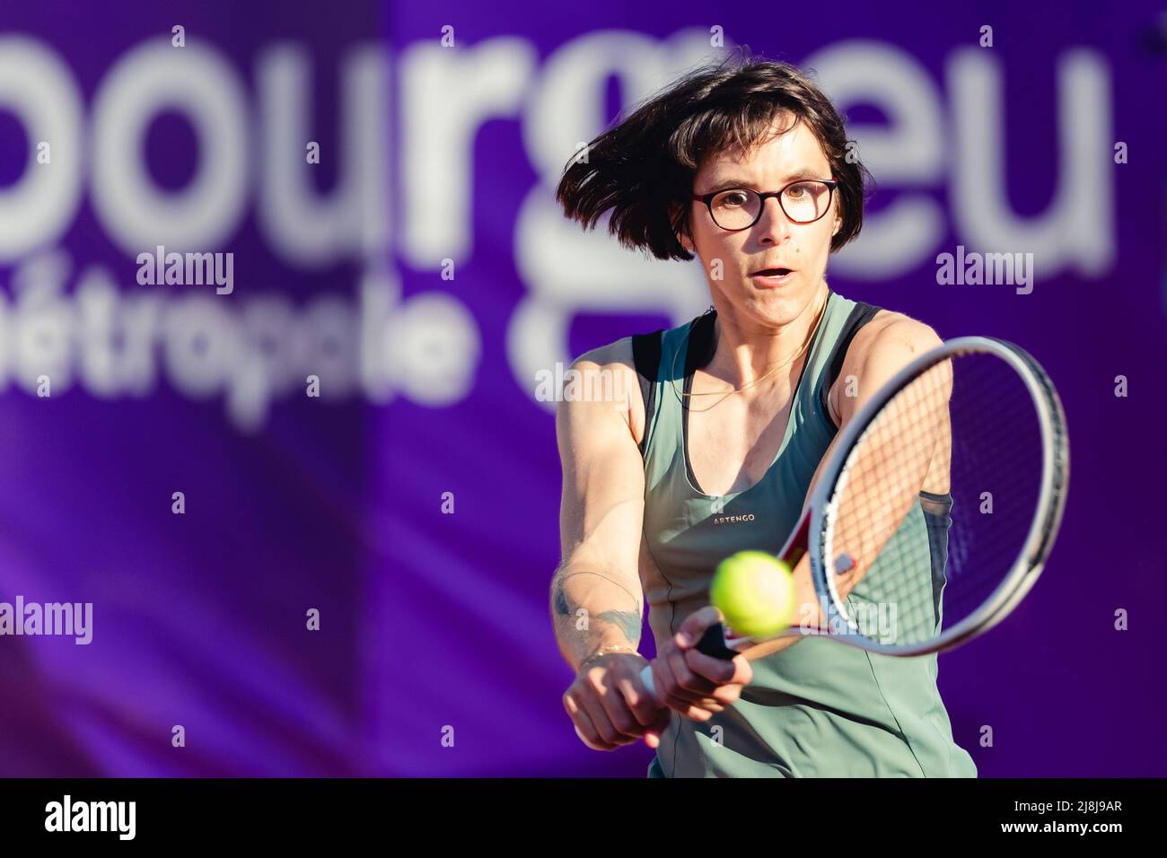 Strasbourg, France. 16th May, 2022. Julie Gervais of France during her  Round of 32 Singles match of the 2022 Internationaux de Strasbourg against  Aliaksandra Sasnovich at the Tennis Club de Strasbourg in