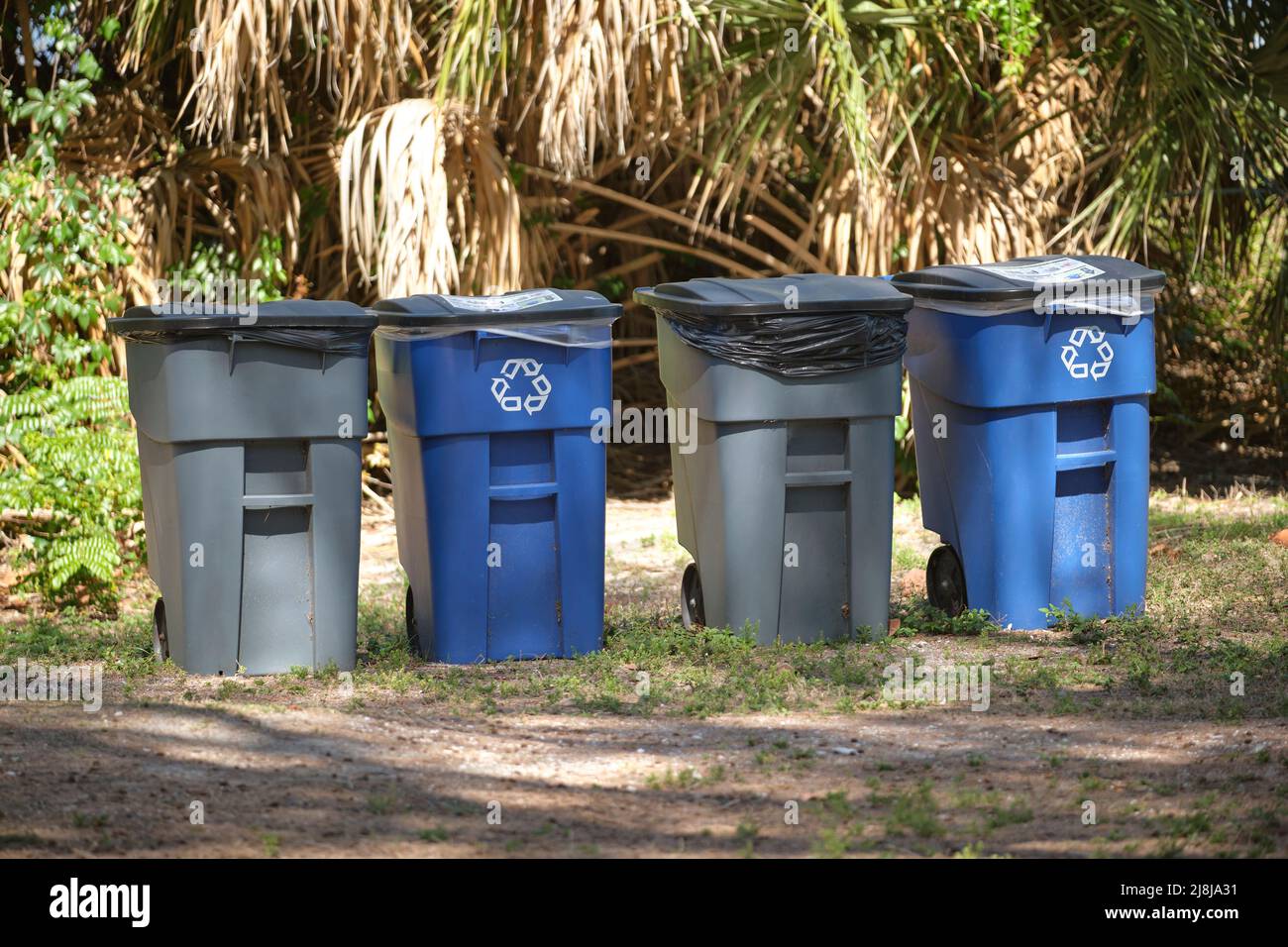 Garbage cans for separate disposal of recycle trash on city street Stock Photo Alamy