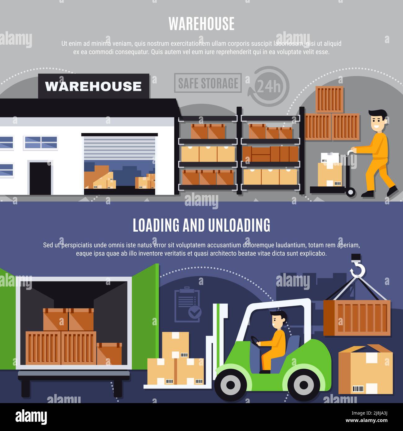 Warehouse colored and flat composition or banner set with loading and ...