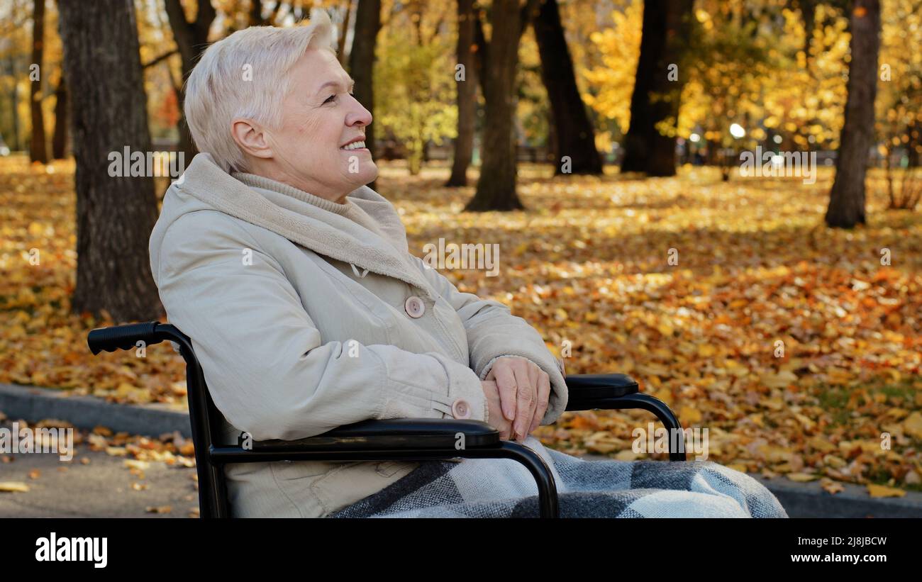 Happy outdoors elderly middle aged woman joyfully resting in autumn park sitting in wheelchair with disability illnesses single mature senior grey Stock Photo