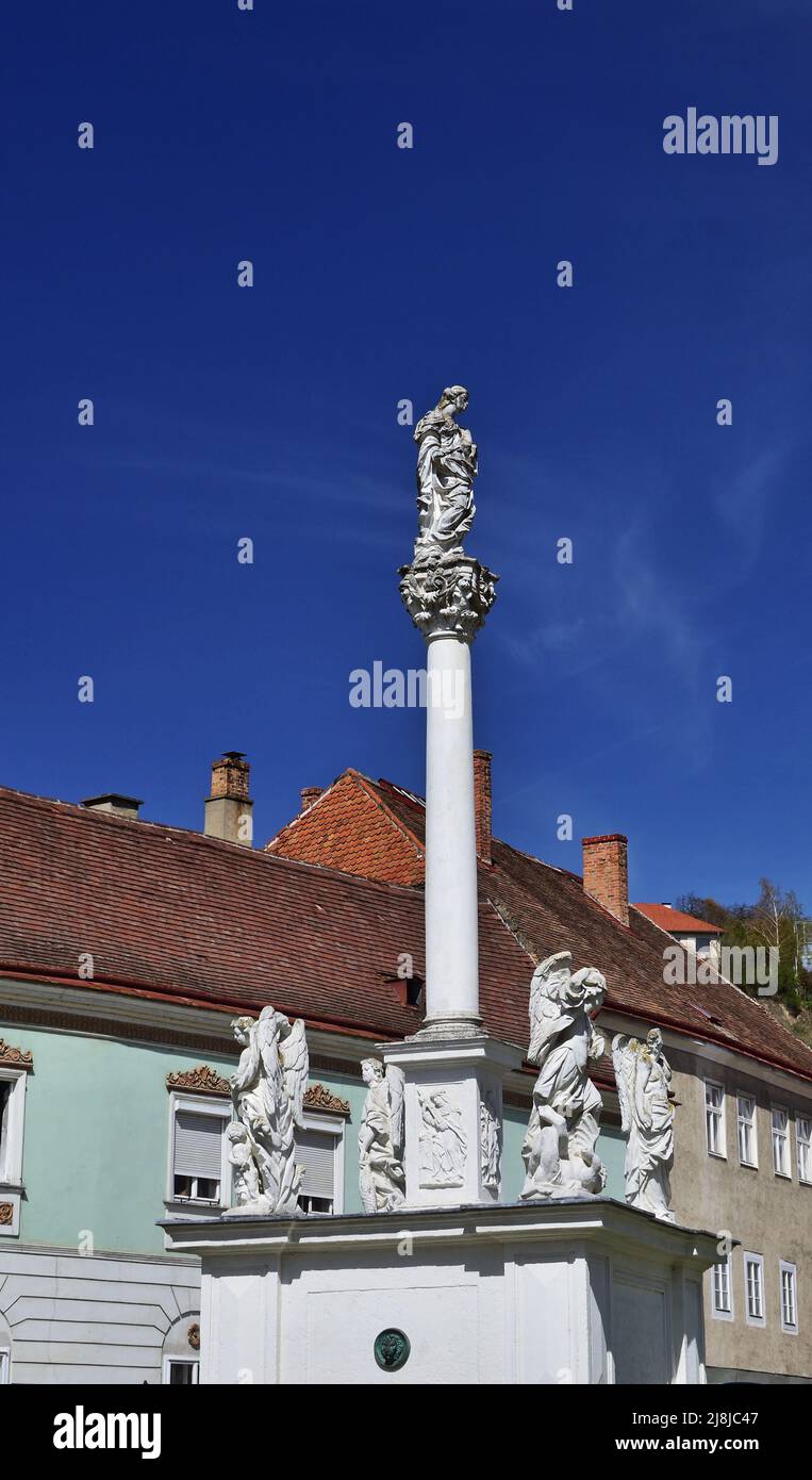 Holy Mary column in downtown Krems an der Donau, Wachau, Lower Austria, vertical Stock Photo