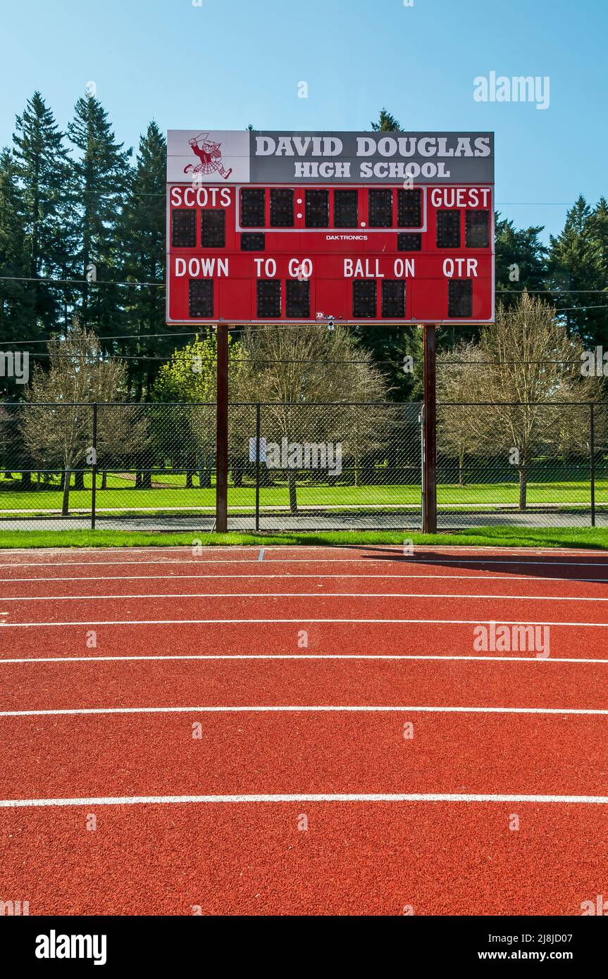 Electronic scoreboard at the David Douglas High School track and football field in Portland