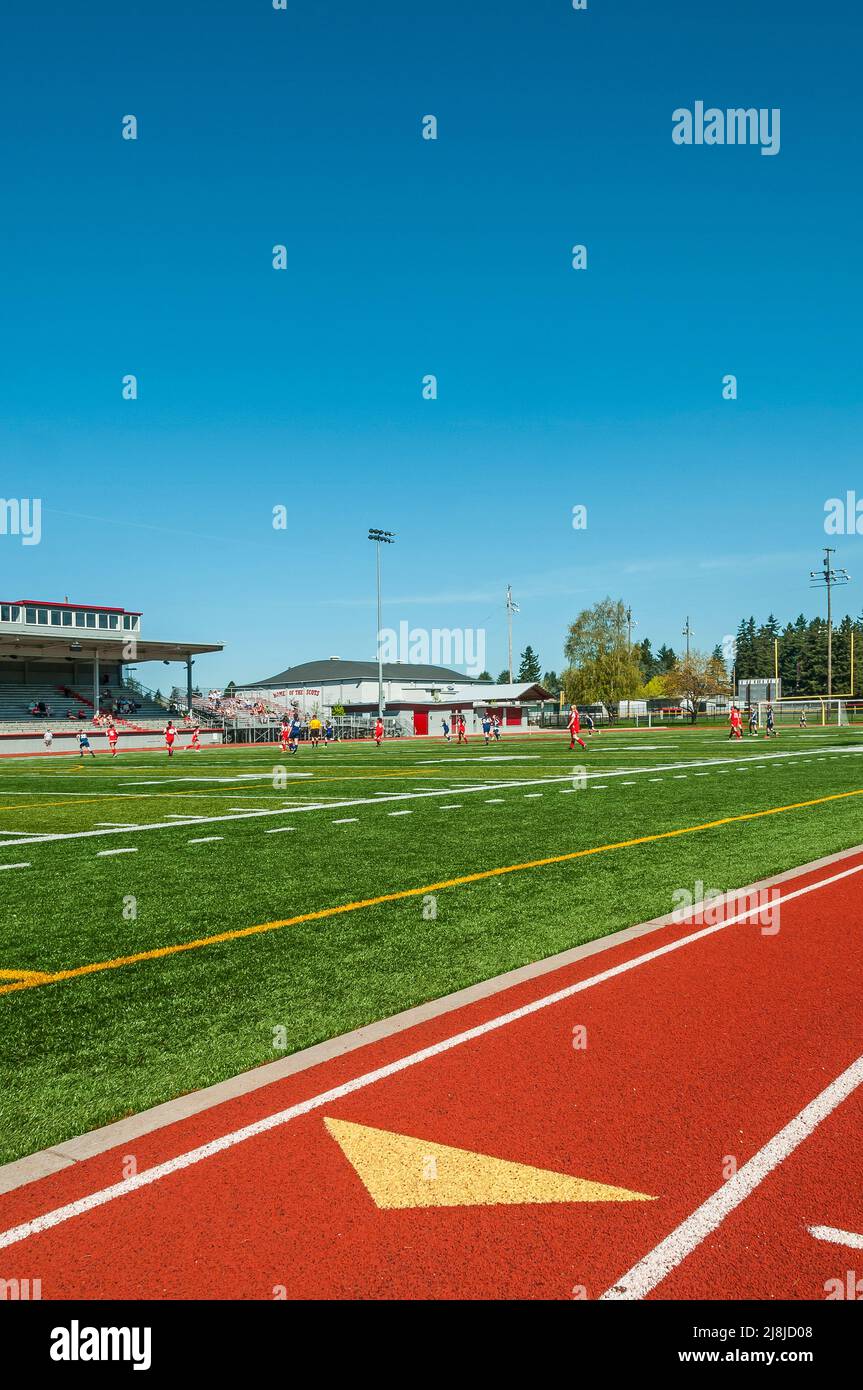 Girls Soccer at the David Douglas High School track and football field in Portland, Oregon Stock