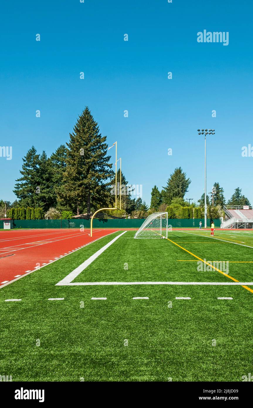 Girls soccer goal at the David Douglas High School track and football field in Portland, Oregon