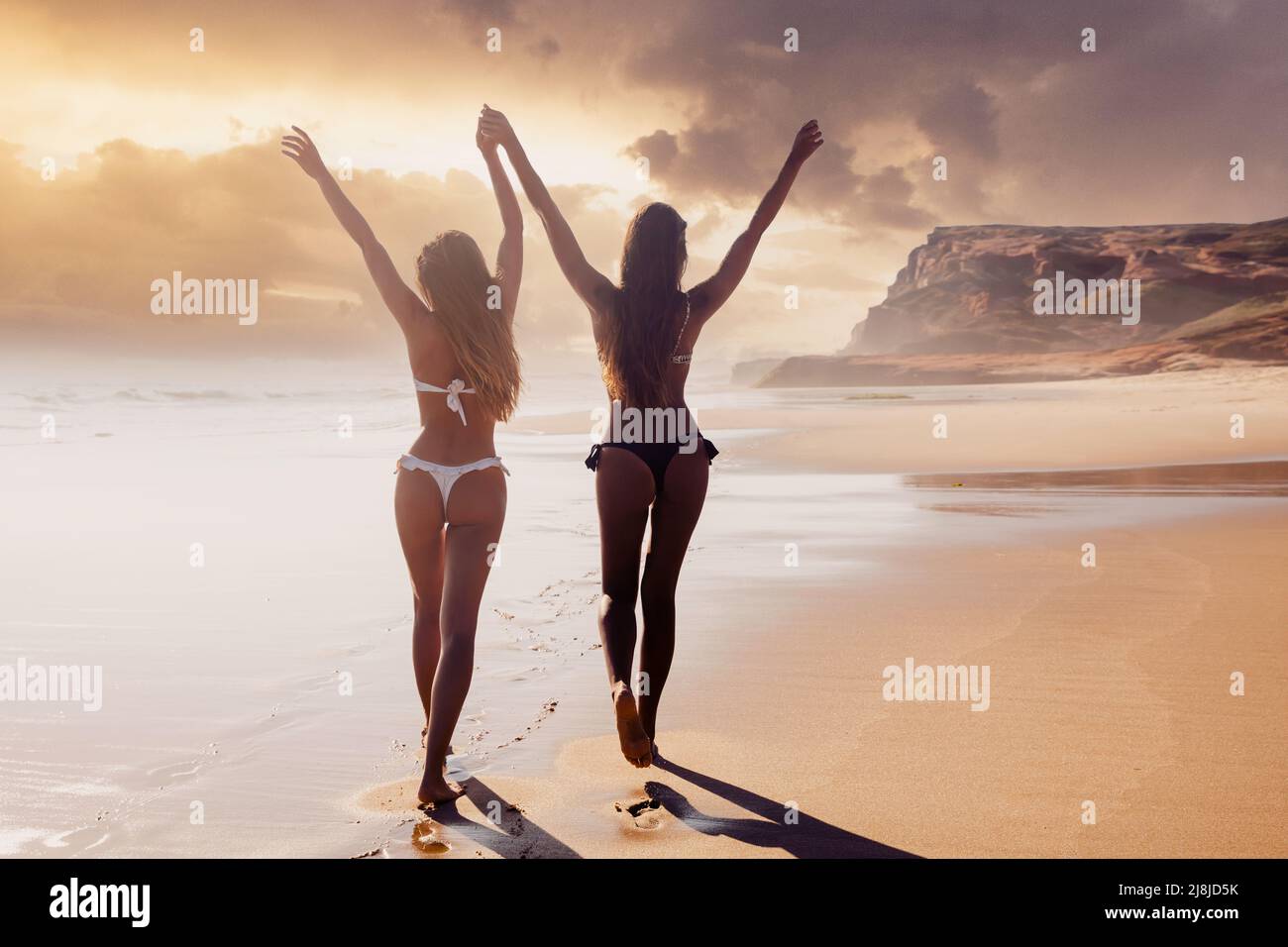 Beautiful girls in bikin walking on the beach Stock Photo