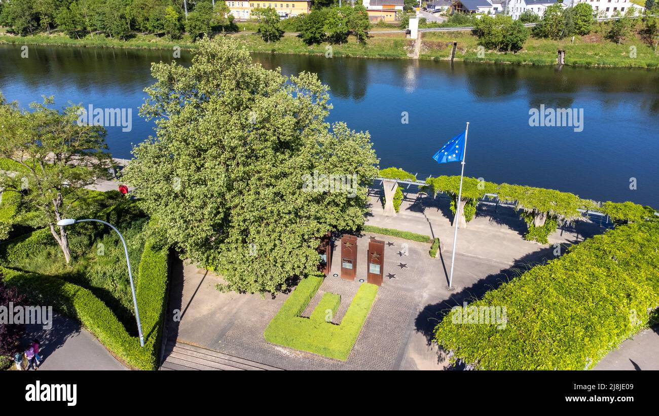 Monument 'Schengener Abkommen', Location of the 1985 signing of the Schengen Agreement, Schengen, Luxembourg Stock Photo