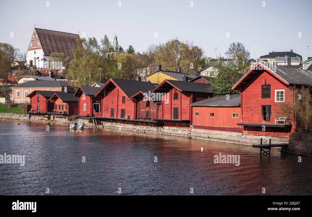 Porvoo, Finland. Old town view with red wooden houses on the river coast Stock Photo