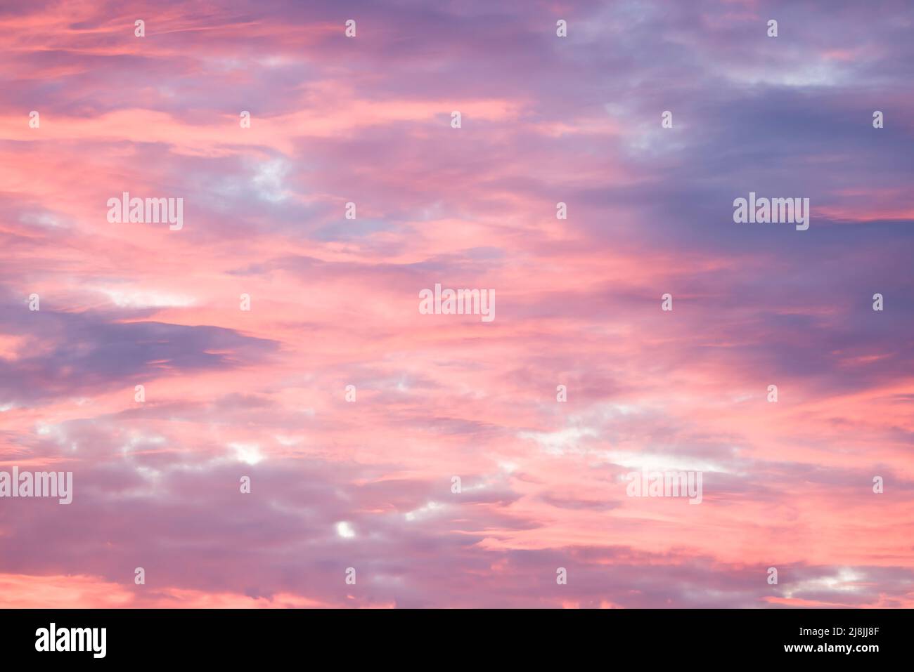 Dramatic red sky at sunset with pink and blue storm clouds. Skyscape pattern, texture or background, UK Stock Photo