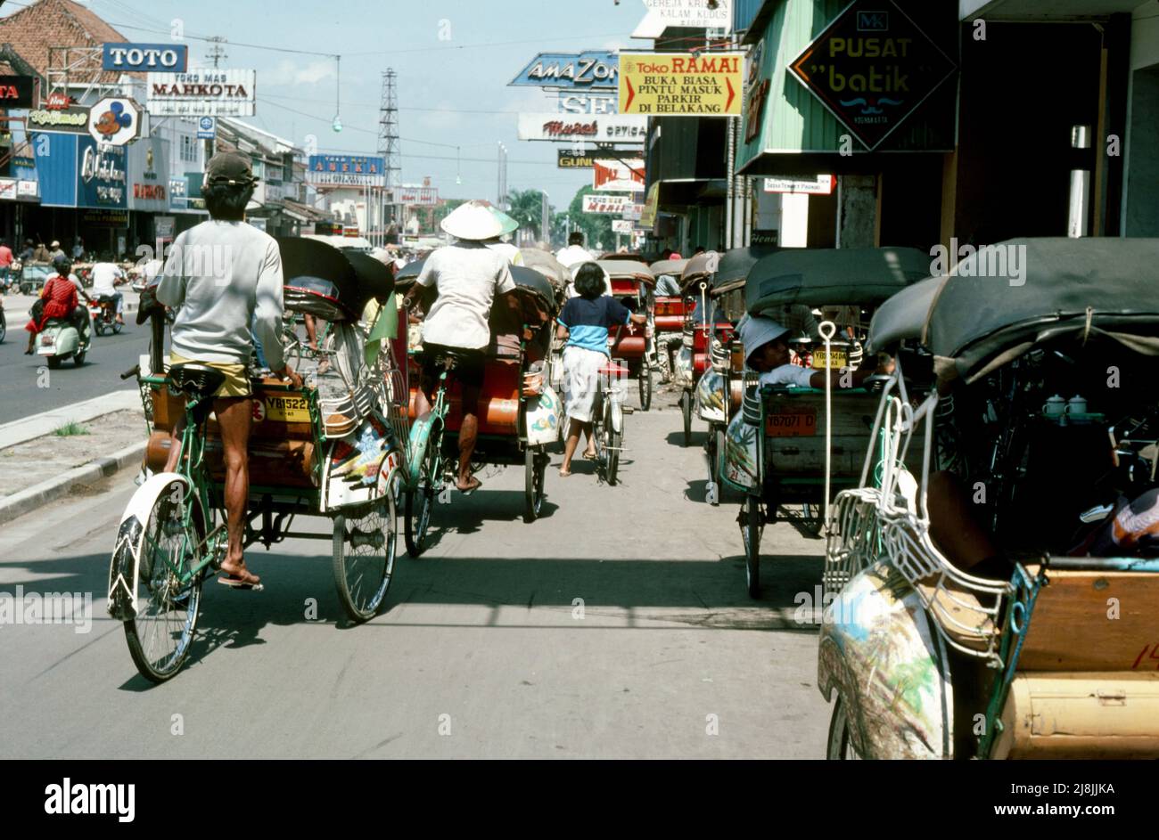 Becaks tricycles in Yogakarta on Java island 1984 Stock Photo Alamy