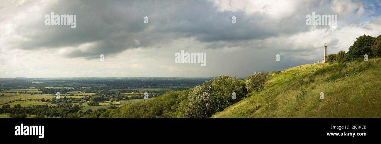 Coombe Hill monument in The Chiltern Hills, Buckinghamshire, UK. Panoramic landscape of English countryside. Stock Photo