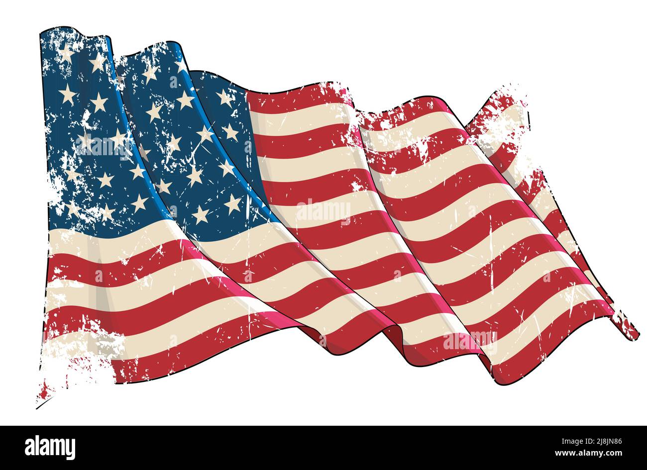 Vector Textured Grunge illustration of a Waving Flag of USA during the American Civil War. All elements neatly layers and groups. Sepia overtone on a Stock Vector