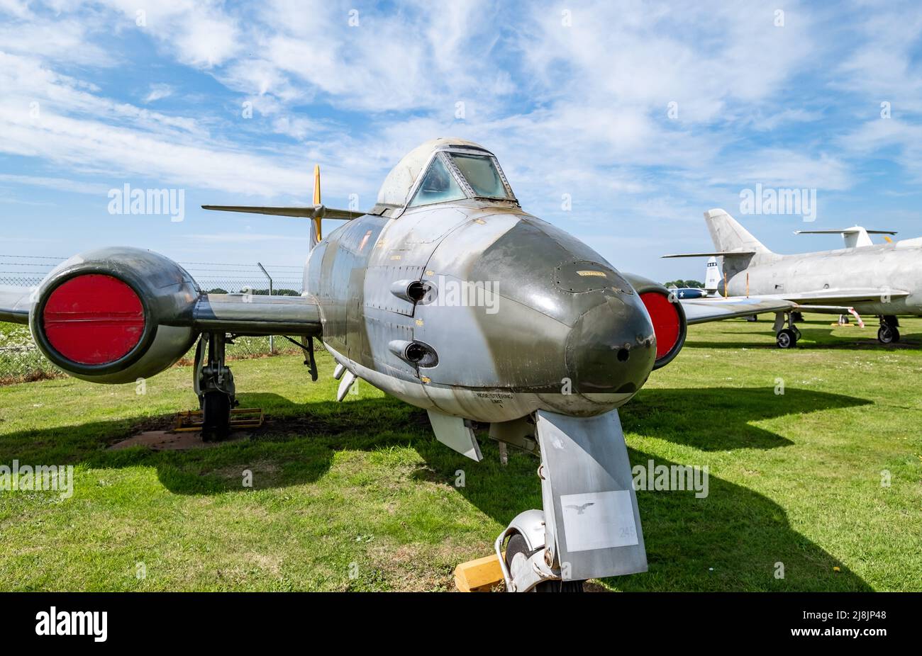 Norwich, Norfolk, UK – May 14 2022. A grounded Gloster Meteor F. MK8 military aeroplane Stock Photo