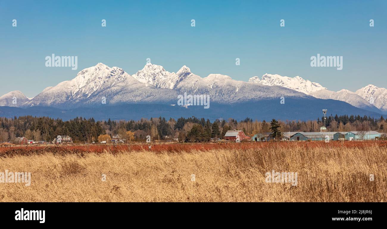 Beautiful landscape of a mountains in distance in spring sunny day. Golden Ears Peak British Columbia. Travel photo, nobody, selective focus, copy spa Stock Photo
