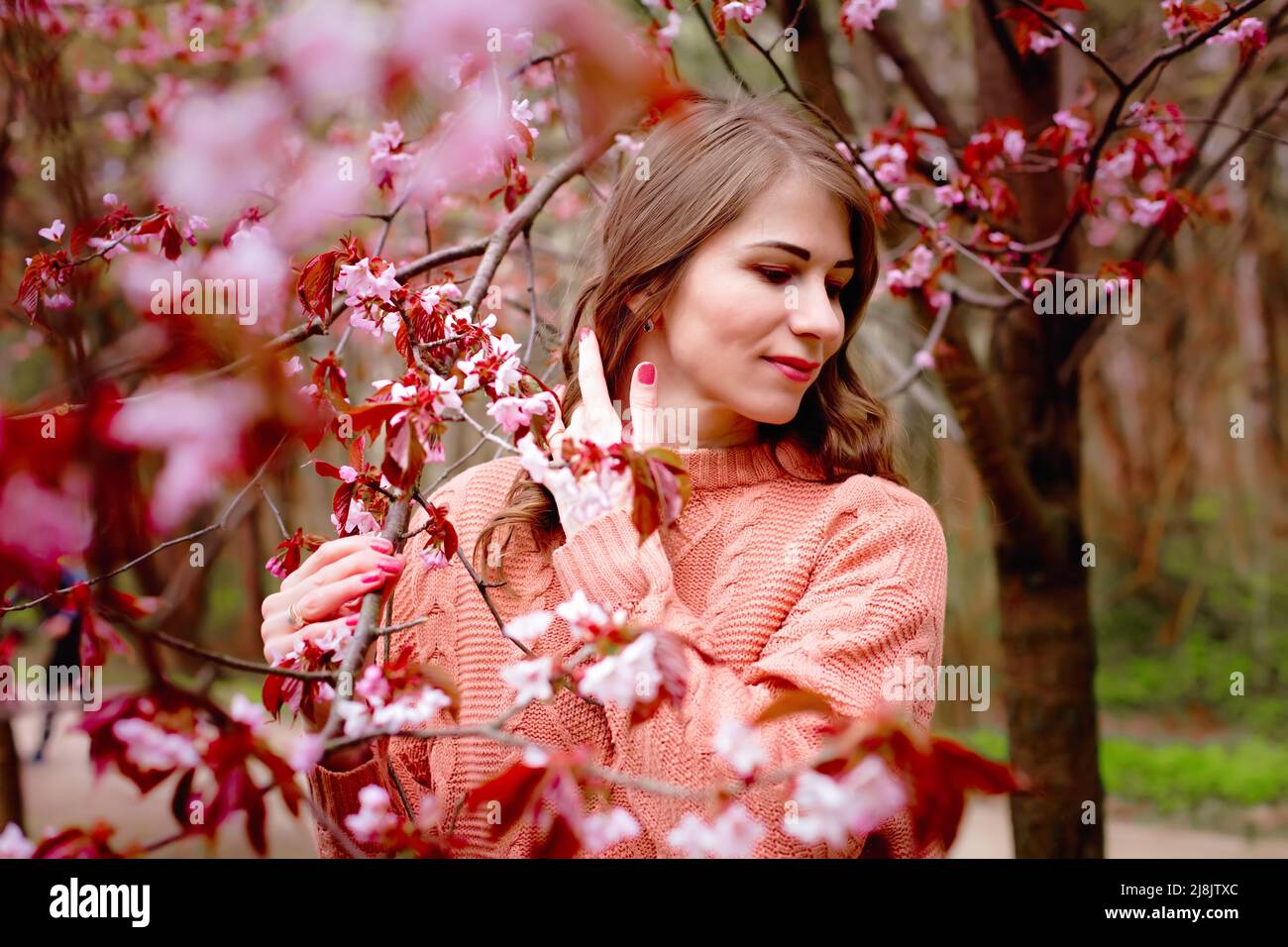Beautiful woman standing under pink blossom tree Stock Photo - Alamy