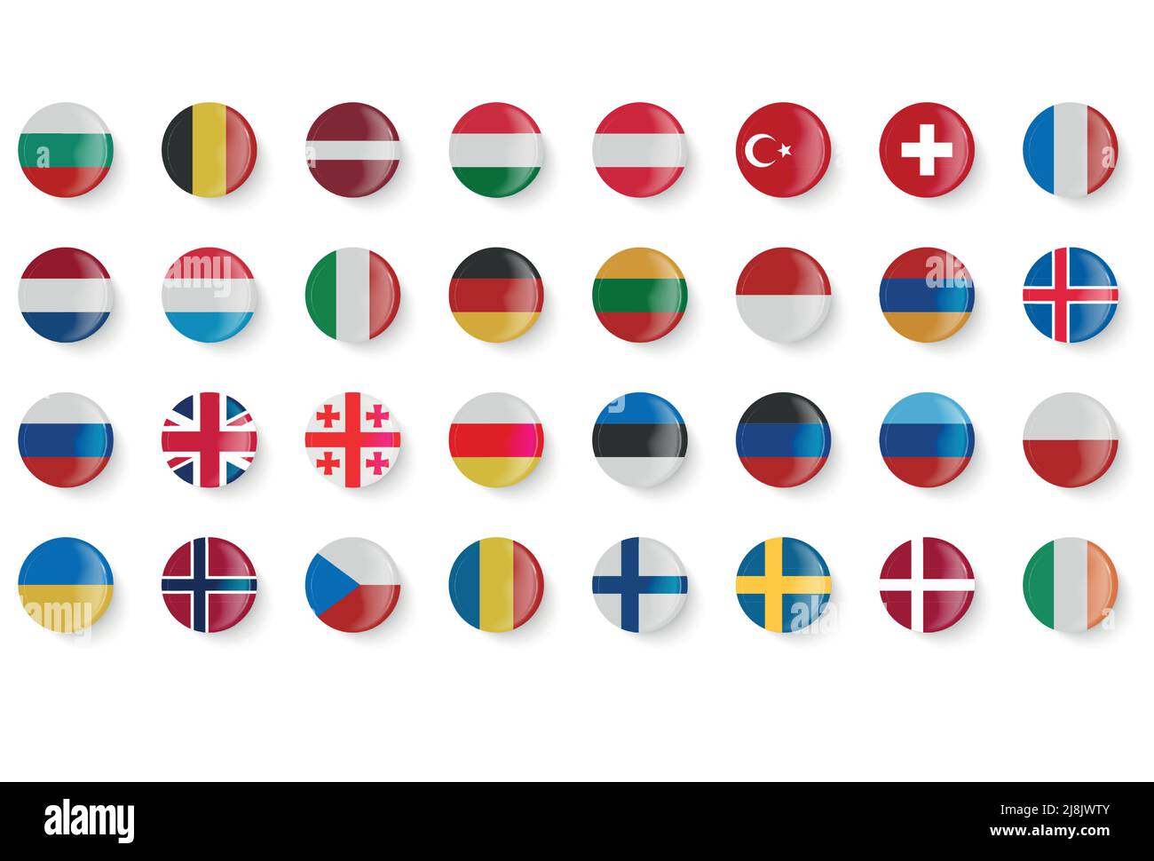 Round flags of different countries. Pin buttons. Stock Vector