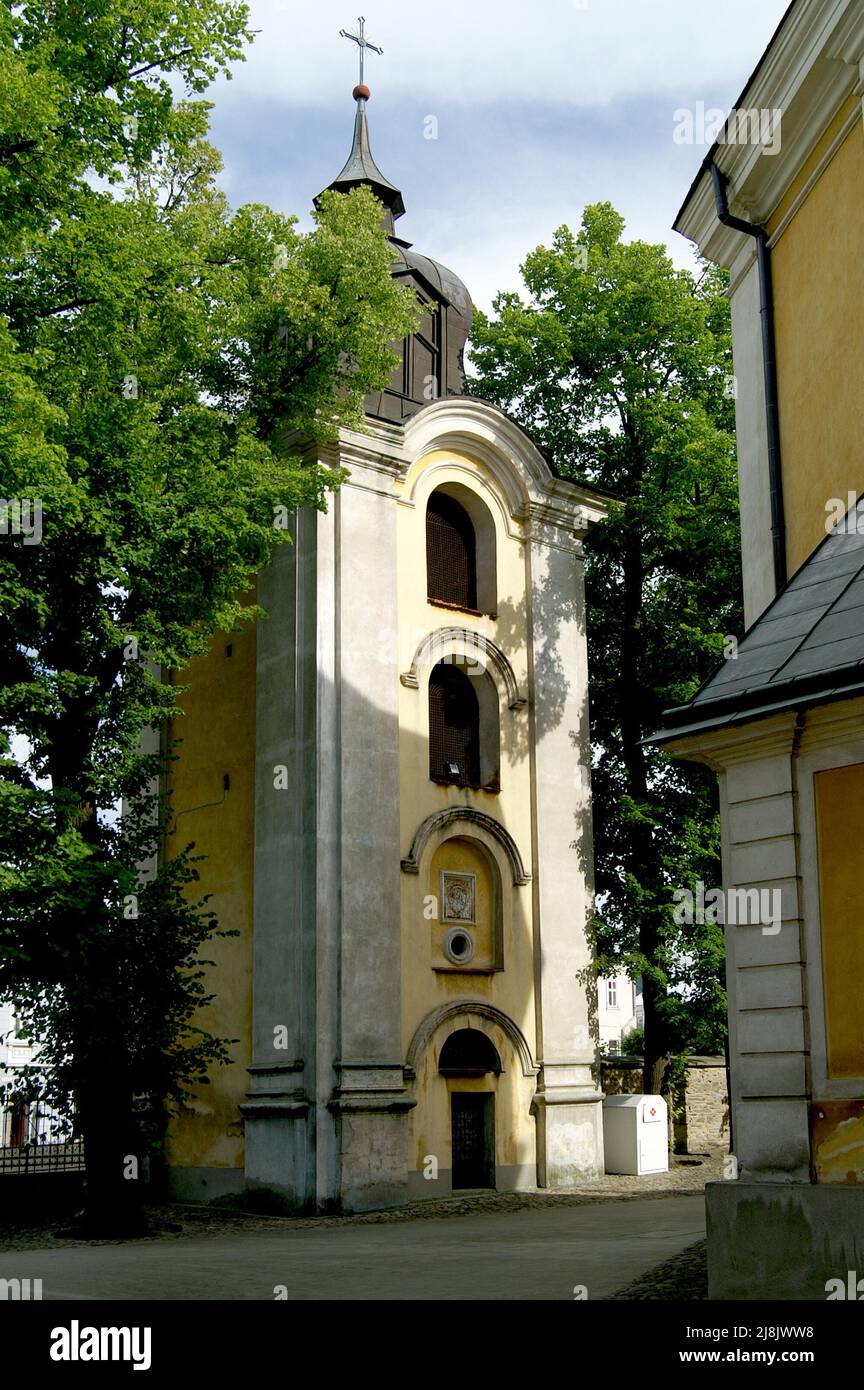 Dukla, Małopolska, Lesser Poland, Polen, Polska; Church of st. Mary Magdalene in Dukla - belfry. Kirche von st. Maria Magdalena in Dukla - Glockenturm Stock Photo