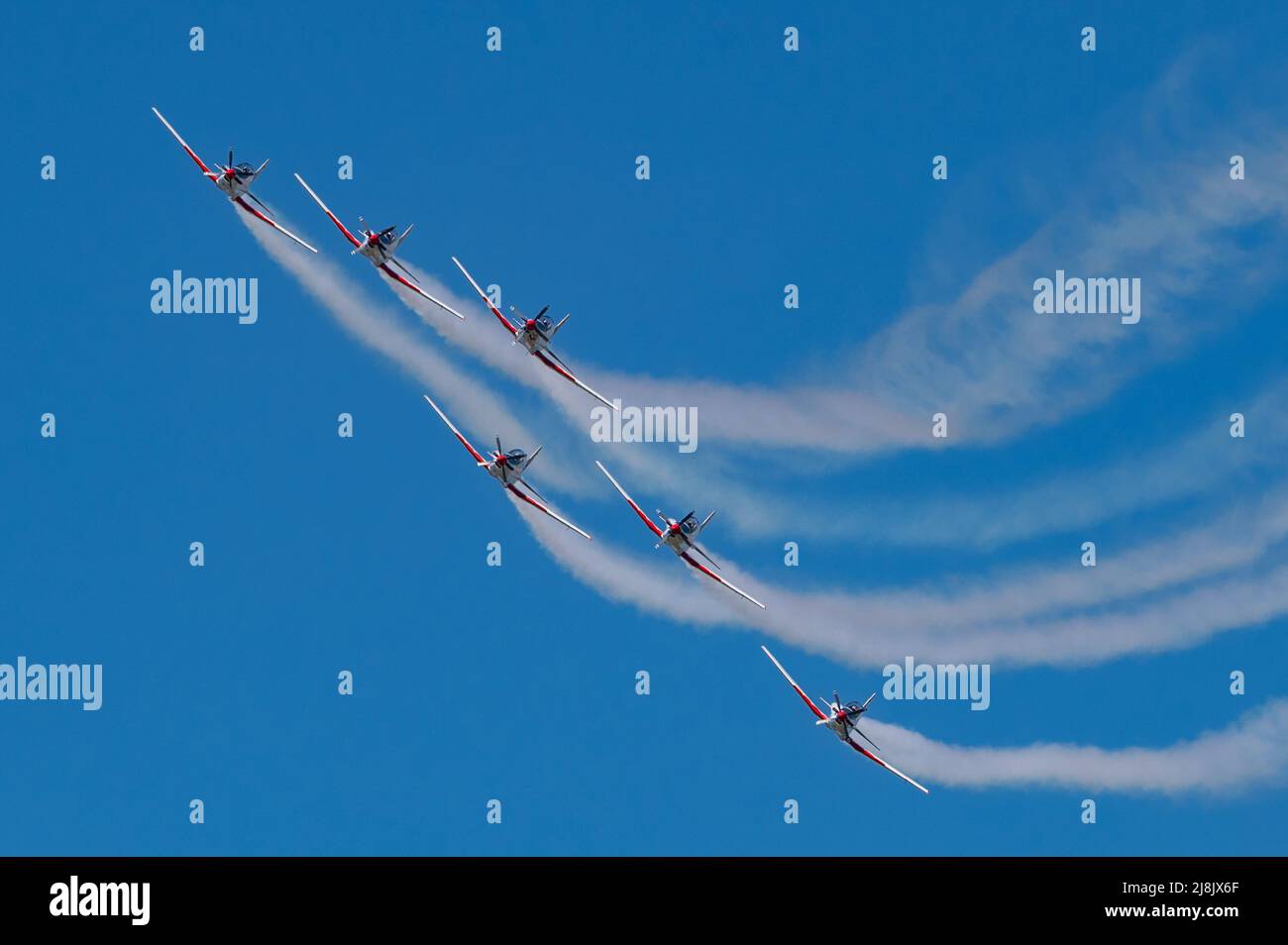 (220516) -- ZADAR, May 16, 2022 (Xinhua) -- The Croatian Air Force aerobatic team, Wings of Storm, performs during a flight show in Zadar, Croatia, on May 16, 2022. (Dino Stanin/PIXSELL via Xinhua) Stock Photo