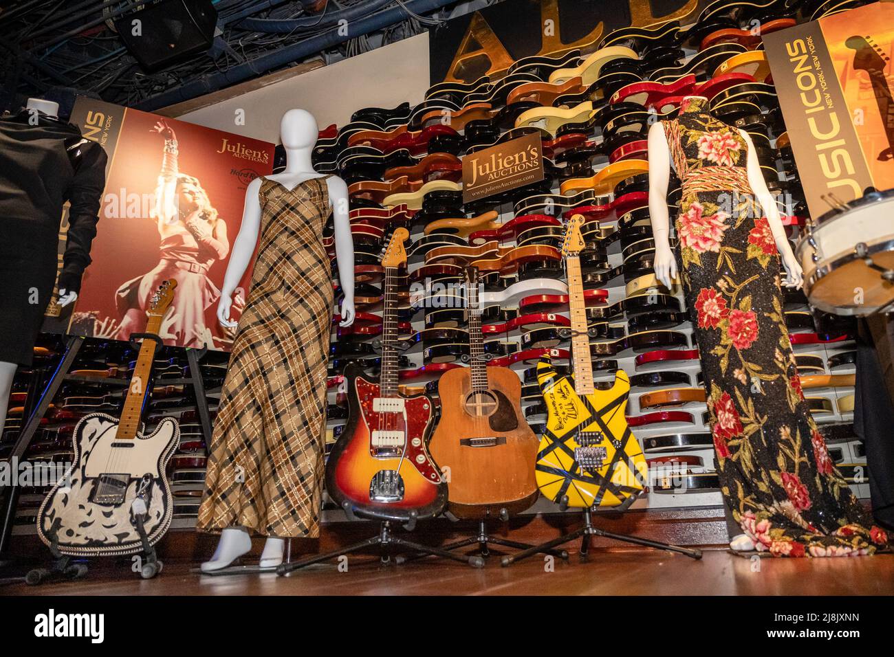New York, USA. 15th May, 2022. Julien's Auctions presents an auction preview of Waylon Jennings 1990 Fender guitar, Cher's Mackie gown, and guitars owned by Jimi Hendrix, Johnny Cash, Eddie van Halen, and Whitney Houston's Bouwer gown at the Hard Rock Cafe in New York, New York, on May 16, 2022. The auction will take place from May 20-22 at the Hard Rock Cafe. (Photo by Gabriele Holtermann/Sipa USA) Credit: Sipa USA/Alamy Live News Stock Photo