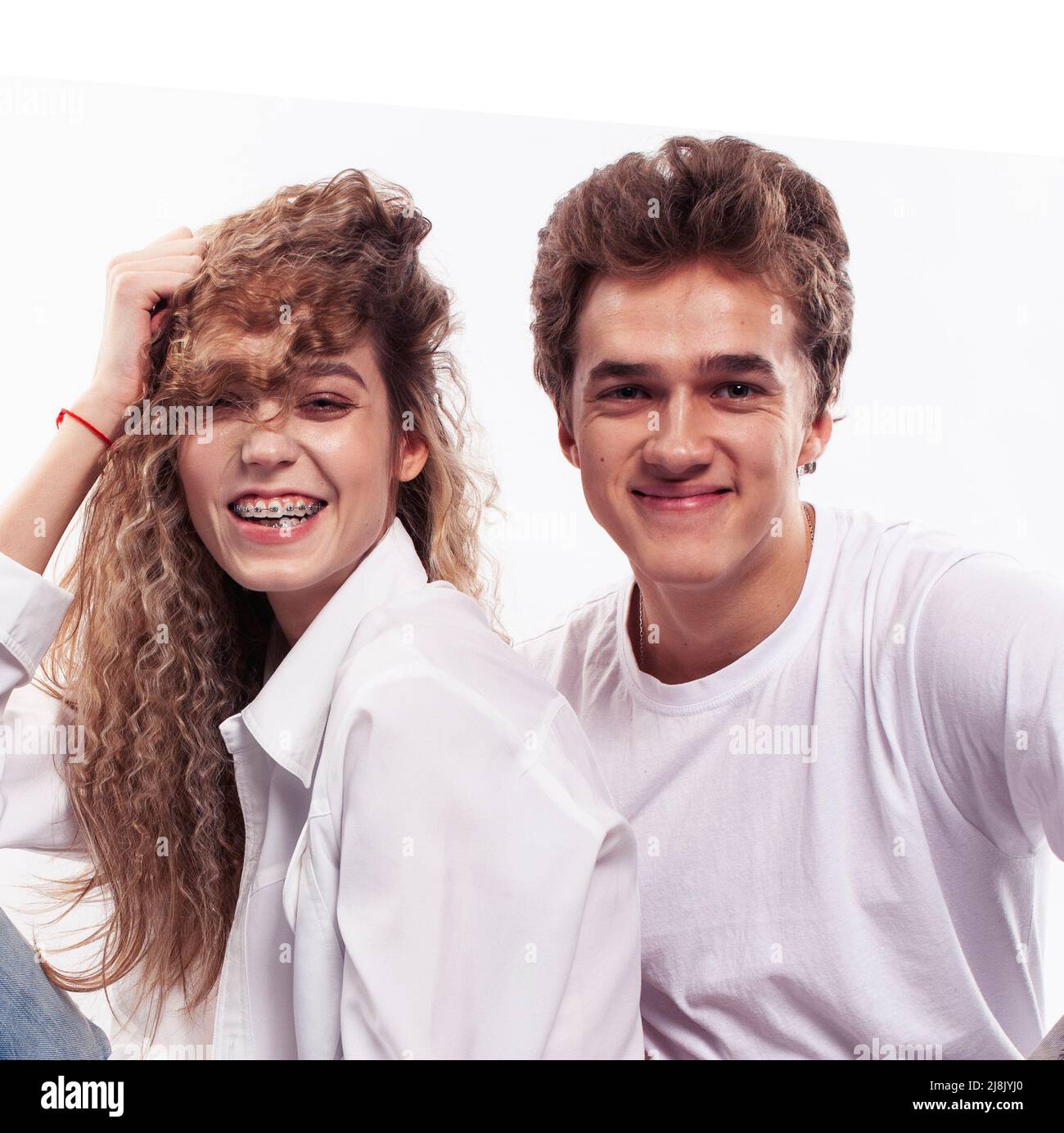 young attractive couple together having fun happy smiling isolated on ...