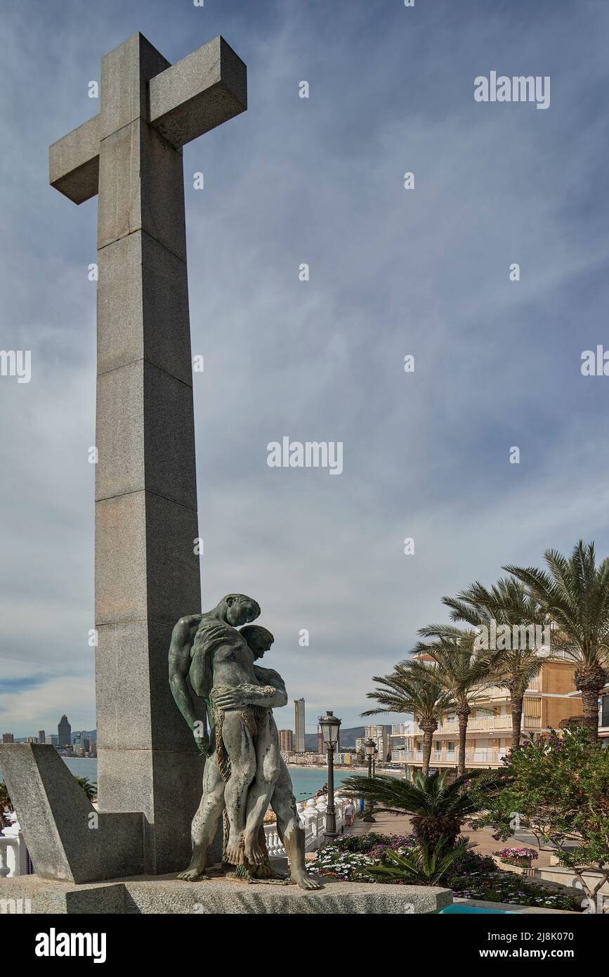 monument “To the dead in the sea' (Als morts en la mar) Plaza de la Señoría (Senyoria) in the old town of Benidorm, Alicante, Spain, Europe Stock Photo