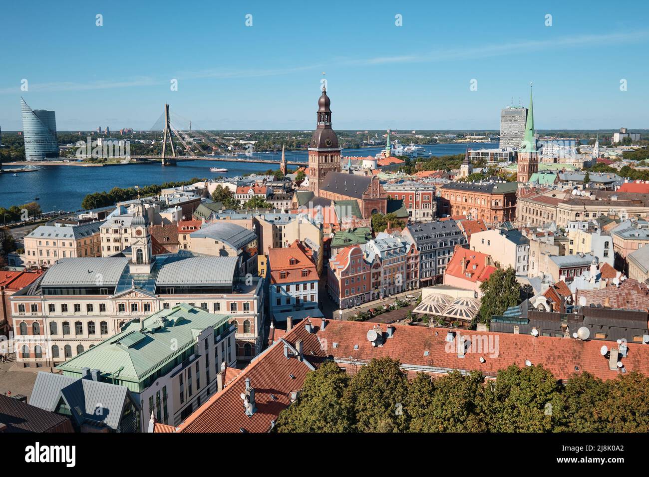 Aerial view of Old Town Riga and River Daugava from Saint Peter's ...