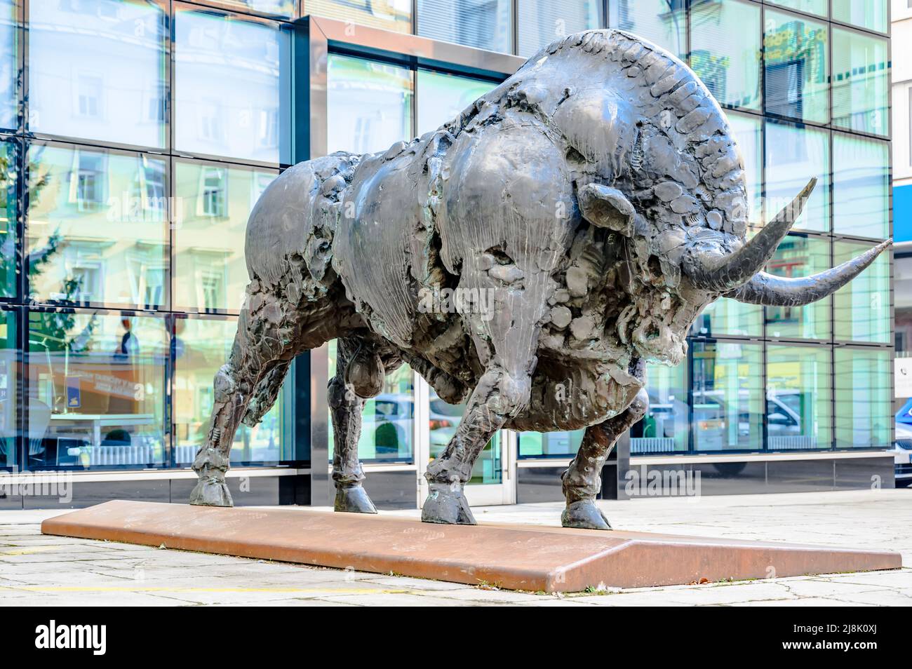 LJUBLJANA, SLOVENIA - FEBRUARY 15, 2022: A large bronze bull sculpture ...