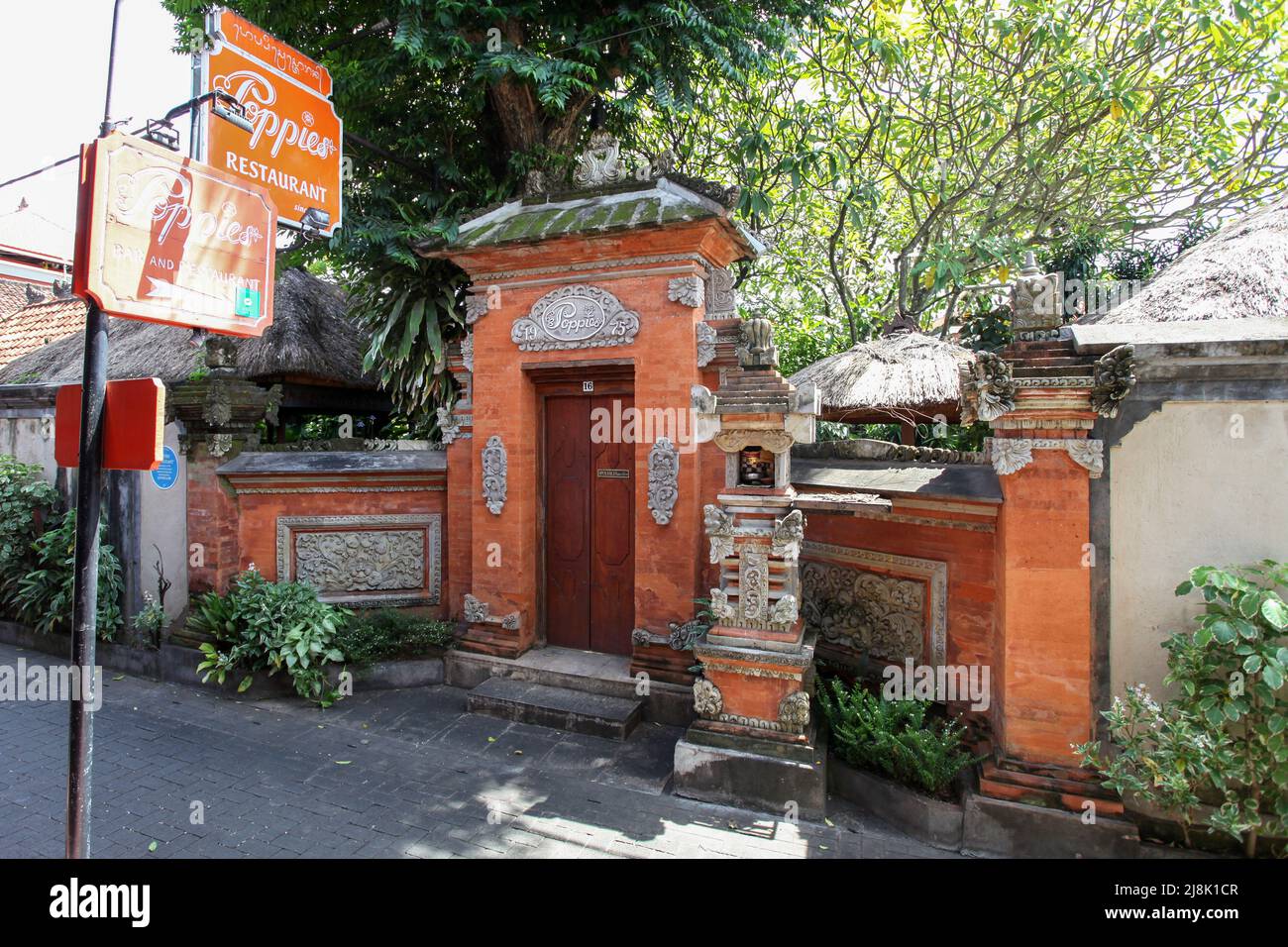 Entrance to Poppies Restaurant in Poppies Lane 1, Kuta, Bali, Indonesia. Stock Photo