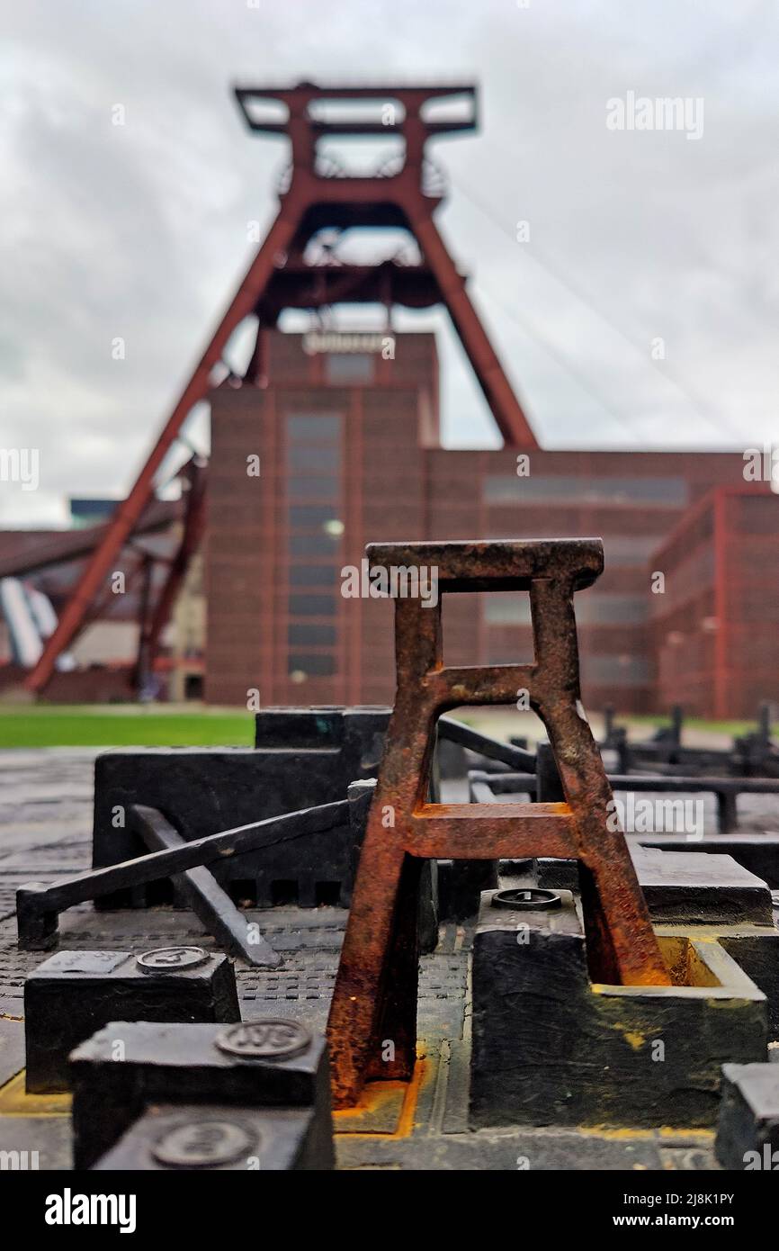 Model and original headframe of Zollverein Coal Mine Industrial Complex shaft XII, Germany, North Rhine-Westphalia, Ruhr Area, Essen Stock Photo