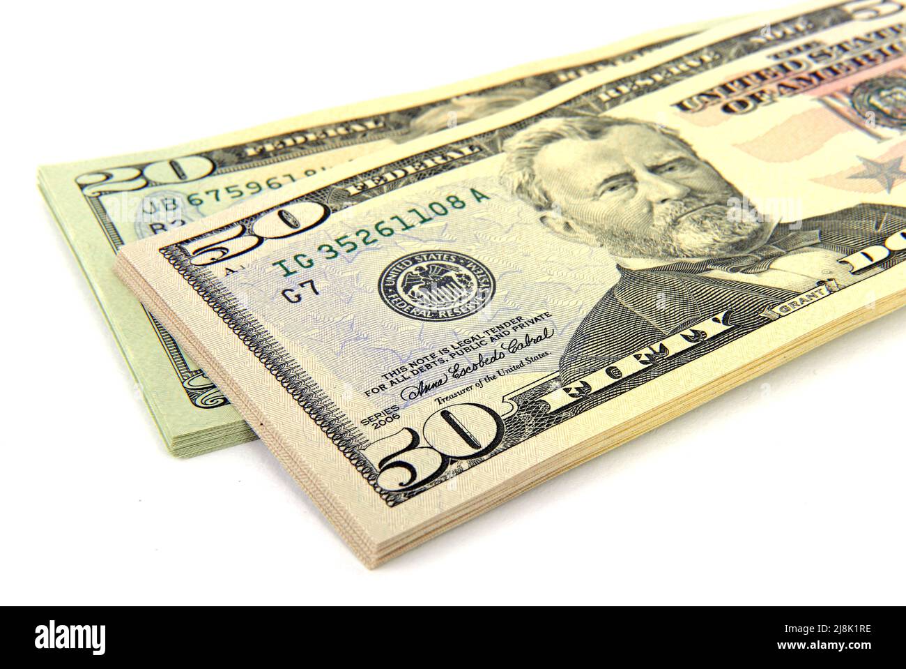 stacks of 20 and 50 Dollar bills, USA Stock Photo