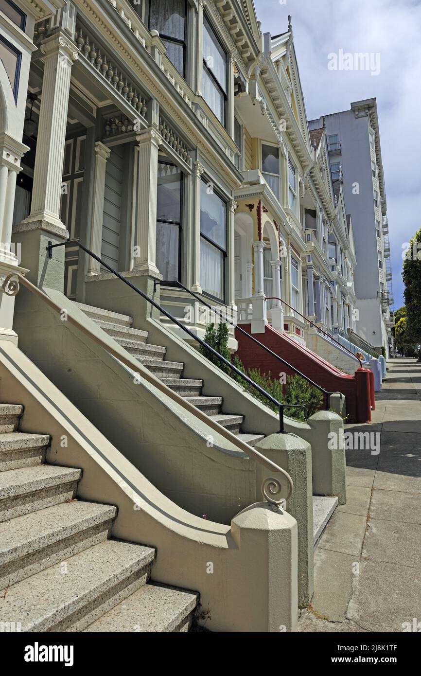 entrances of houses in Victorian style, Painted Ladies, Alamo Square, USA, California, San Francisco Stock Photo