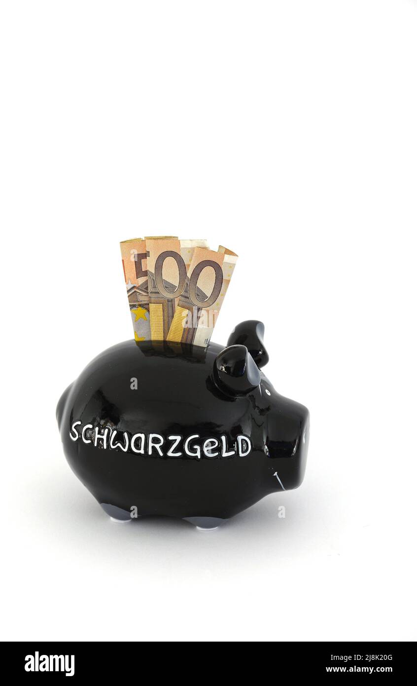 piggy bank lettering Schwarzgeld, illegal earnings, with 50 Euro coins Stock Photo