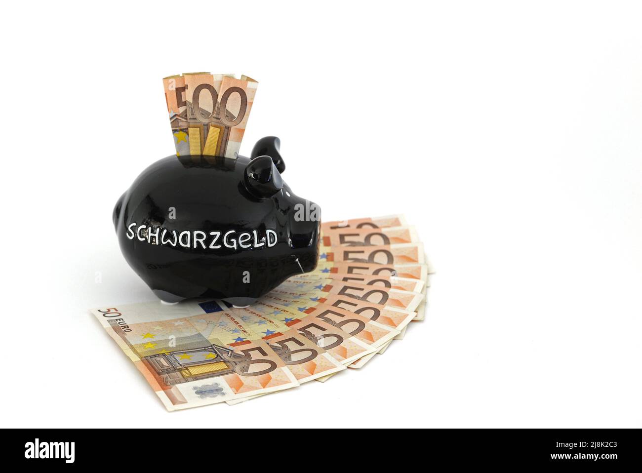 piggy bank lettering Schwarzgeld, illegal earnings, on 50 Euro coins Stock Photo