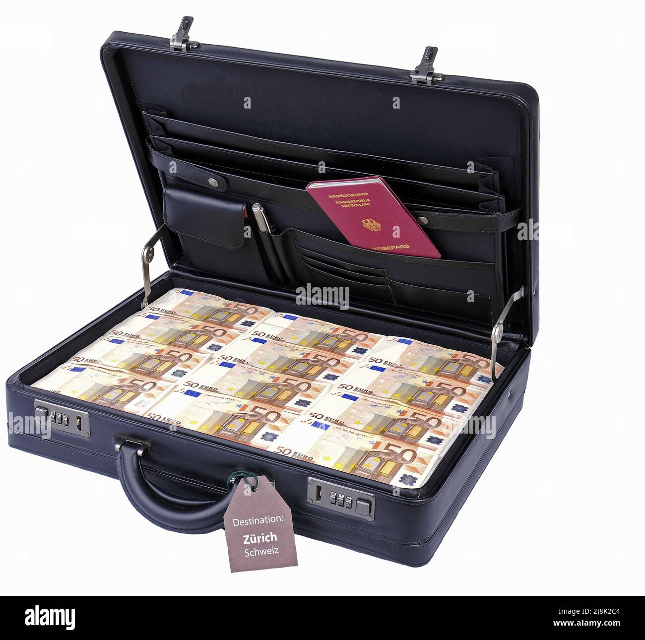 case full of 50 Euro bills, with German identity card, destination Zurich, Suisse Stock Photo