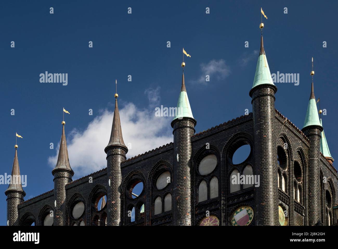 Historic townhall of Luebeck, decorative gables at the eastern side of the market square, part of the UNESCO cultural heritage Luebecker Altstadt, Stock Photo