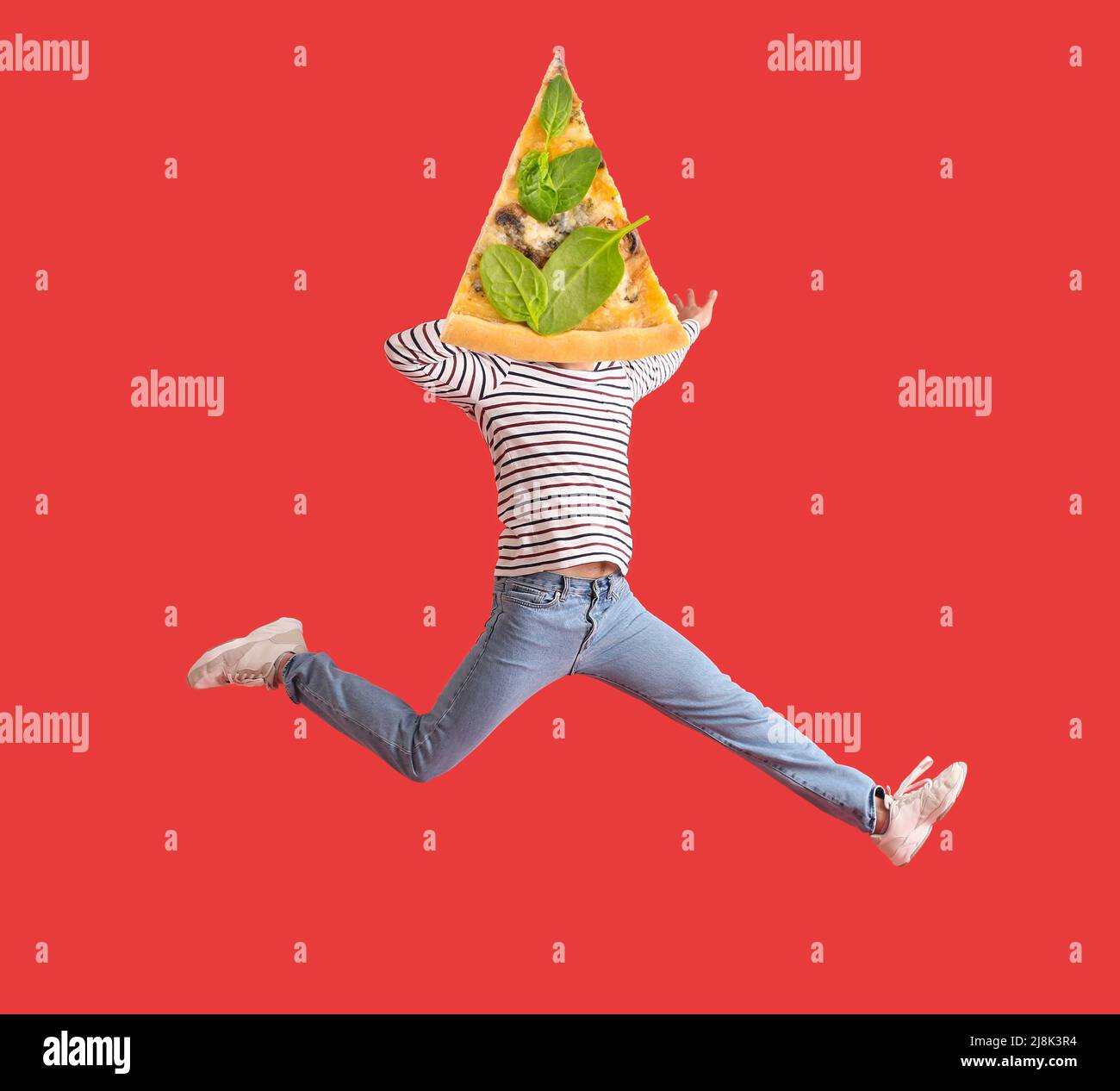 Jumping young man with slice of tasty pizza instead of his head on red background Stock Photo