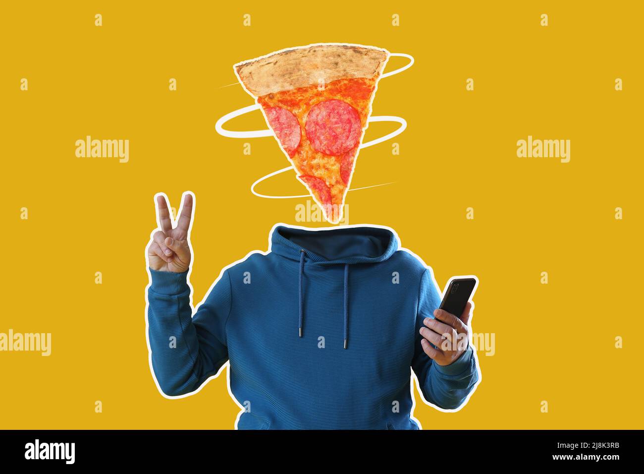 Cool man with slice of tasty pizza instead of his head and mobile phone on yellow background Stock Photo