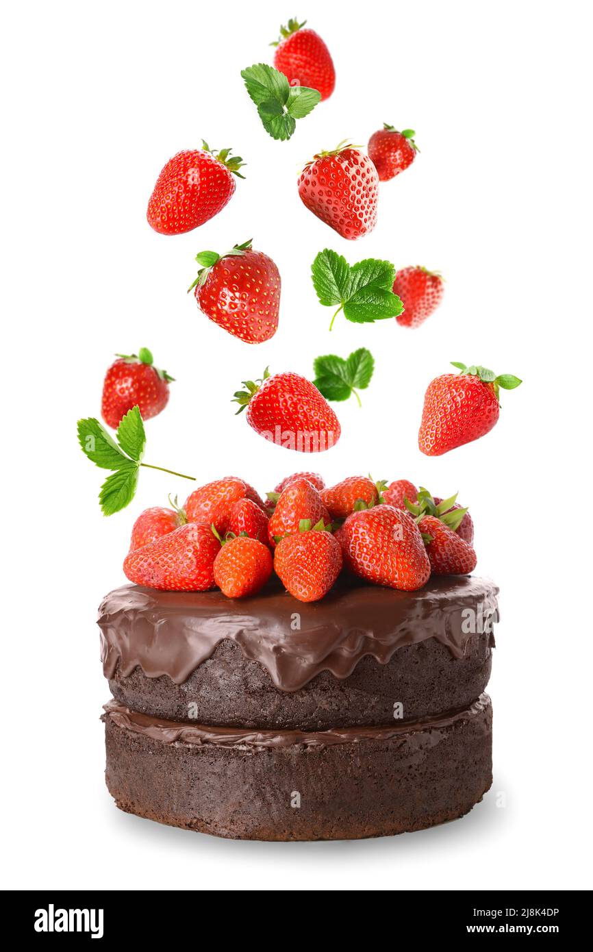 Tasty chocolate cake with falling fresh strawberry on white background ...