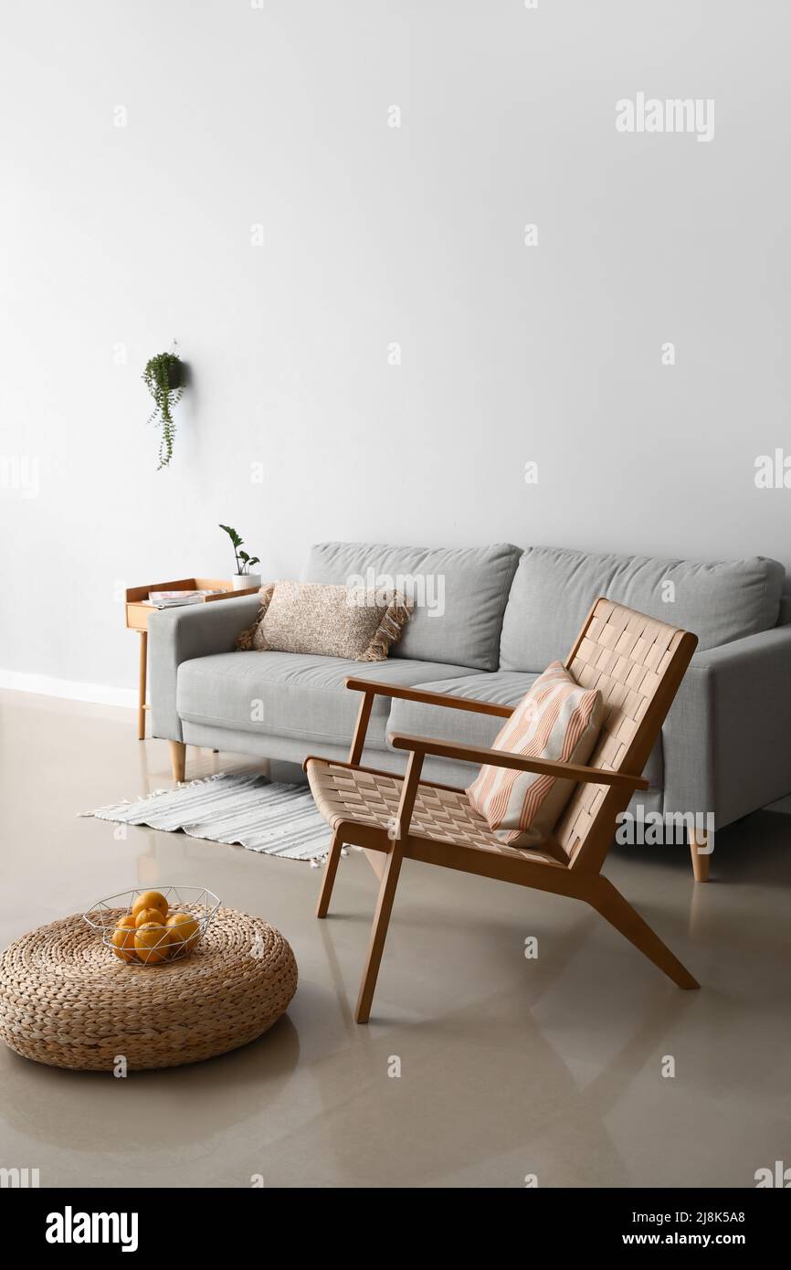 Interior of stylish living room with modern armchair and sofa Stock ...