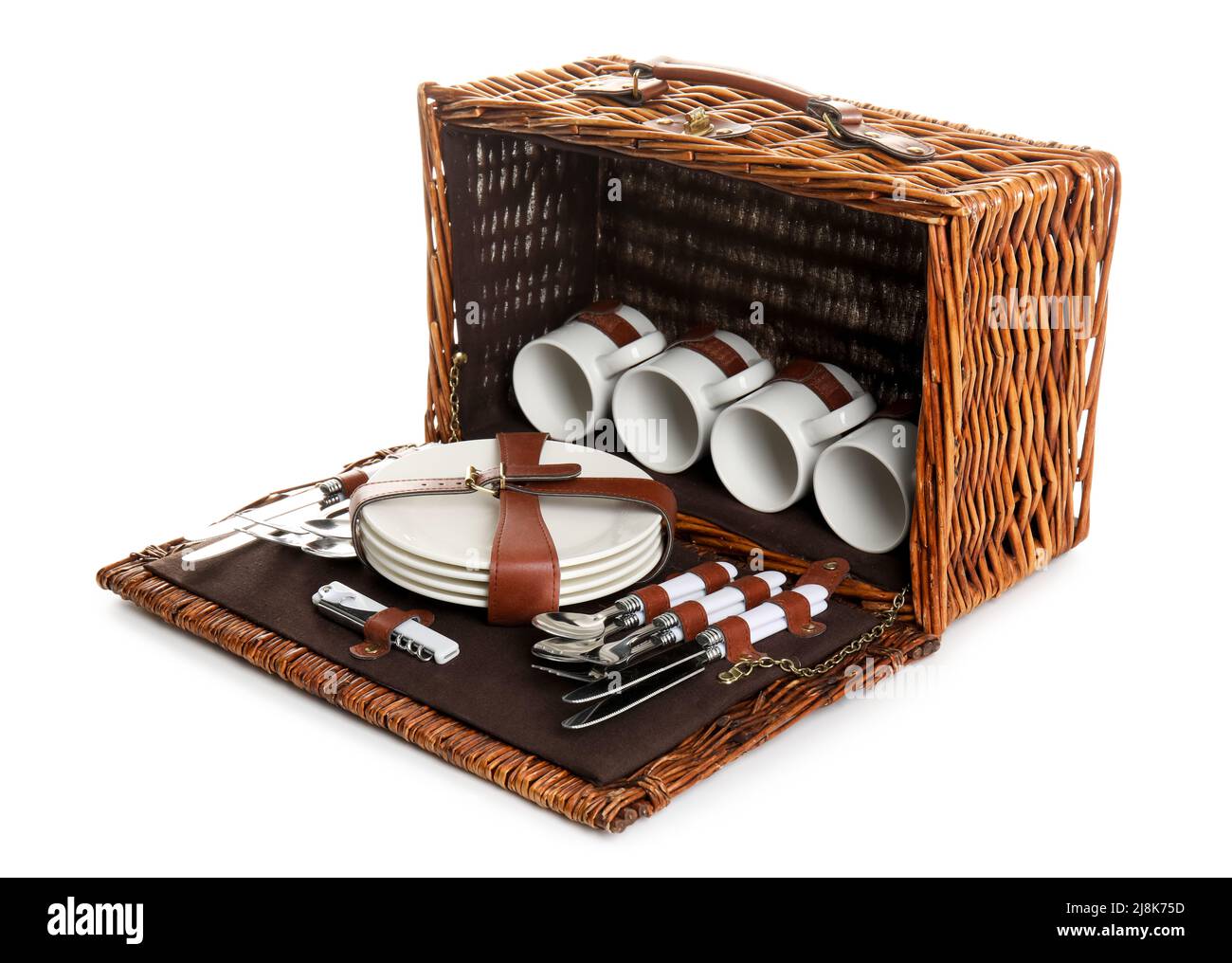Wicker basket with tableware for picnic on white background Stock Photo ...