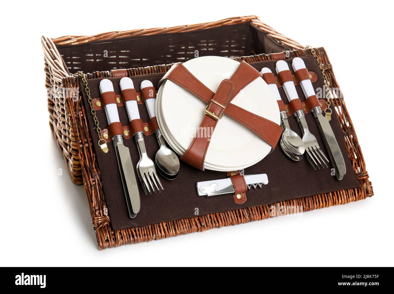 Wicker basket with tableware for picnic on white background Stock Photo ...