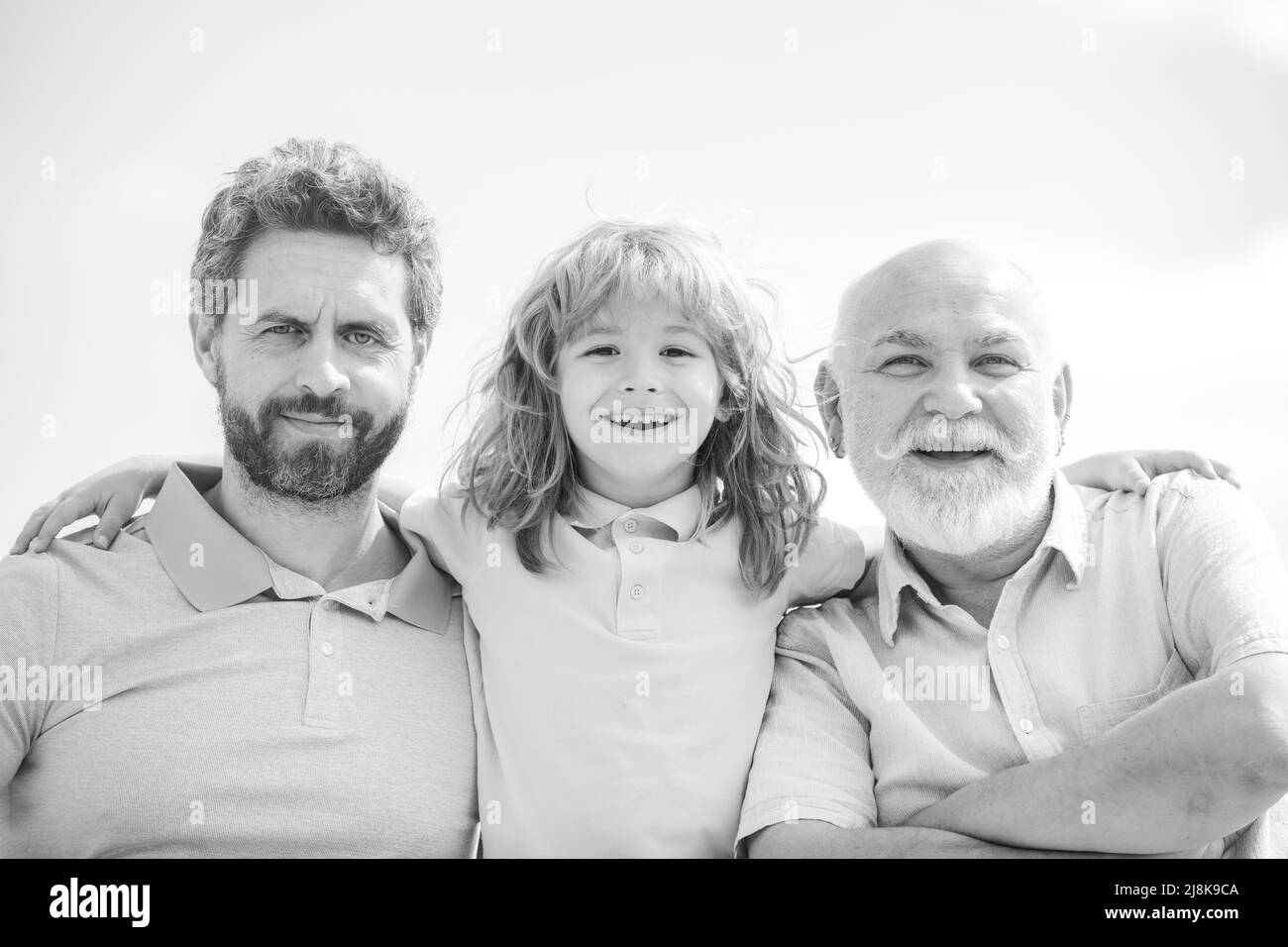 Men generation portrait of grandfather father and son child. Fathers day. Men in different ages. Stock Photo