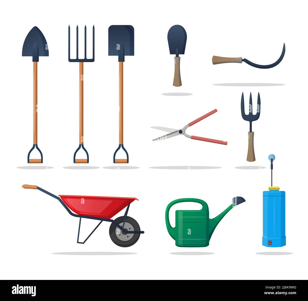 Farming and Gardening Tools, equipment with wheel barrow, fork, spade