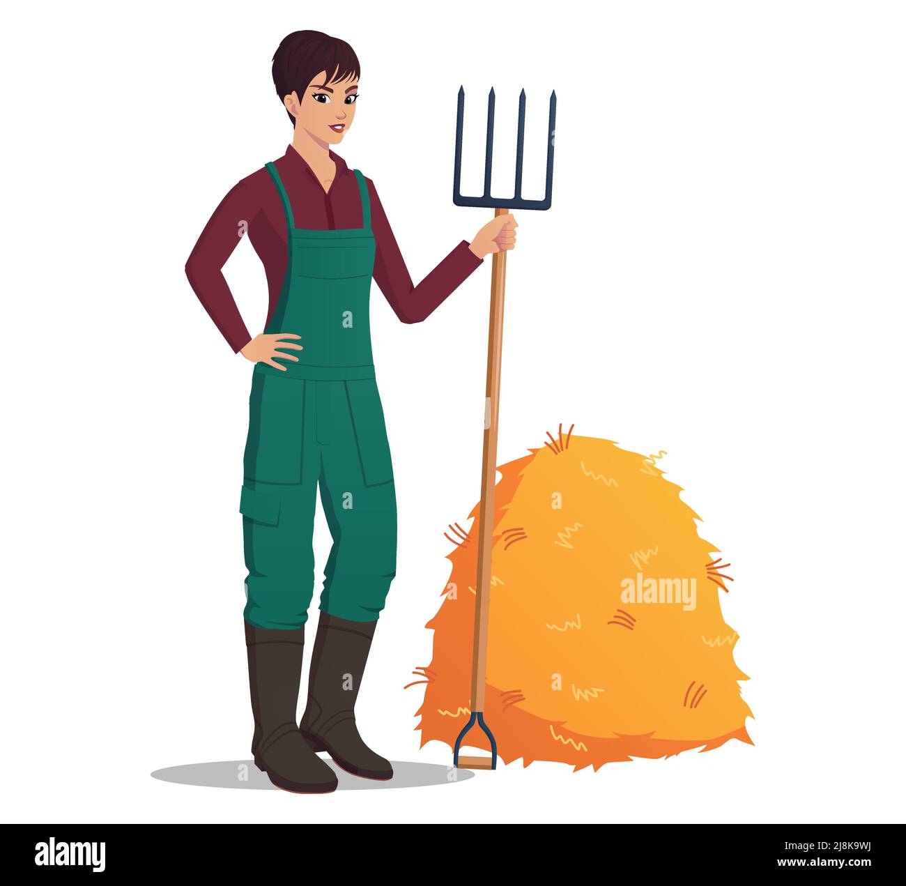 Woman Farmer with Fork and Hay pile character illustration Stock Vector