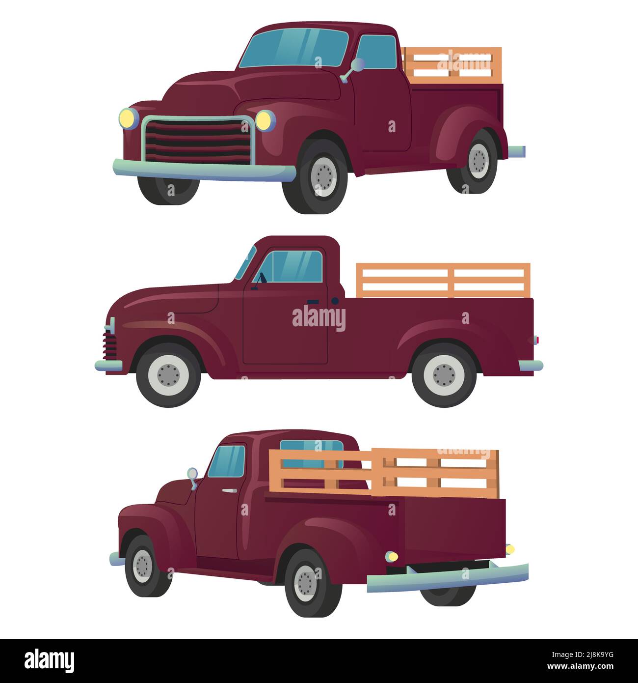 Farmer Vintage Pickup Truck Front, Side, and Back View Vector Illustration Stock Vector